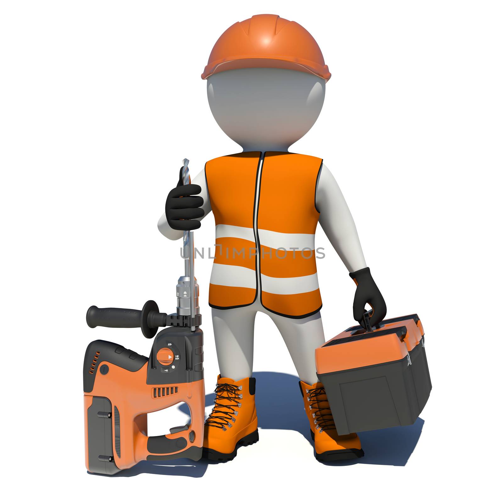 Worker in overalls holding electric perforator and tool box. Isolated by cherezoff