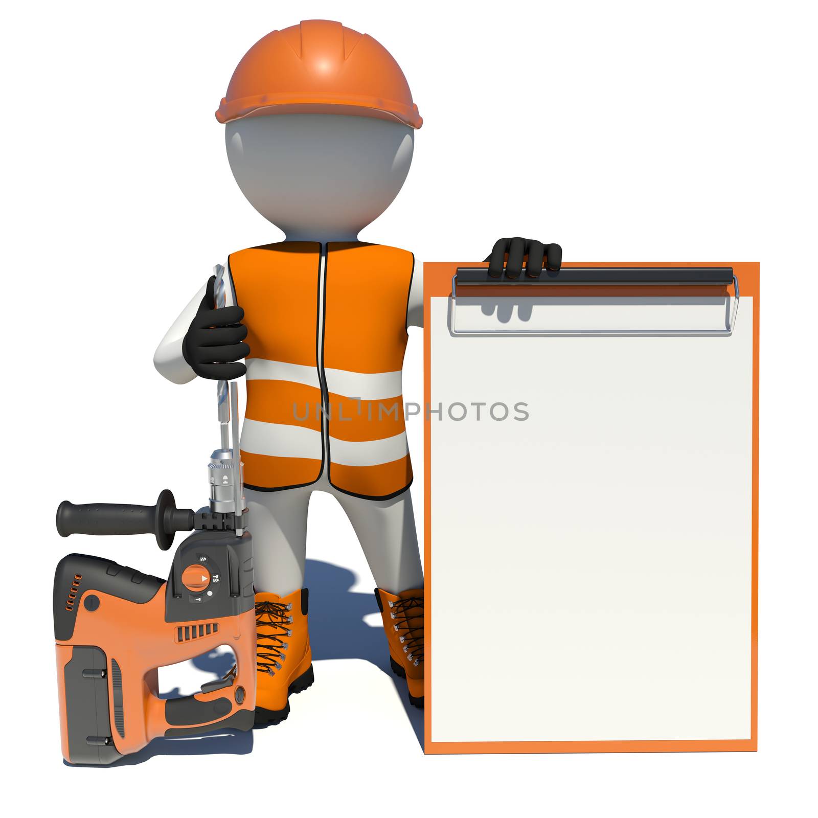 Worker in vest, shoes and helmet holding electric perforator and empty clipboard. Isolated render on white background