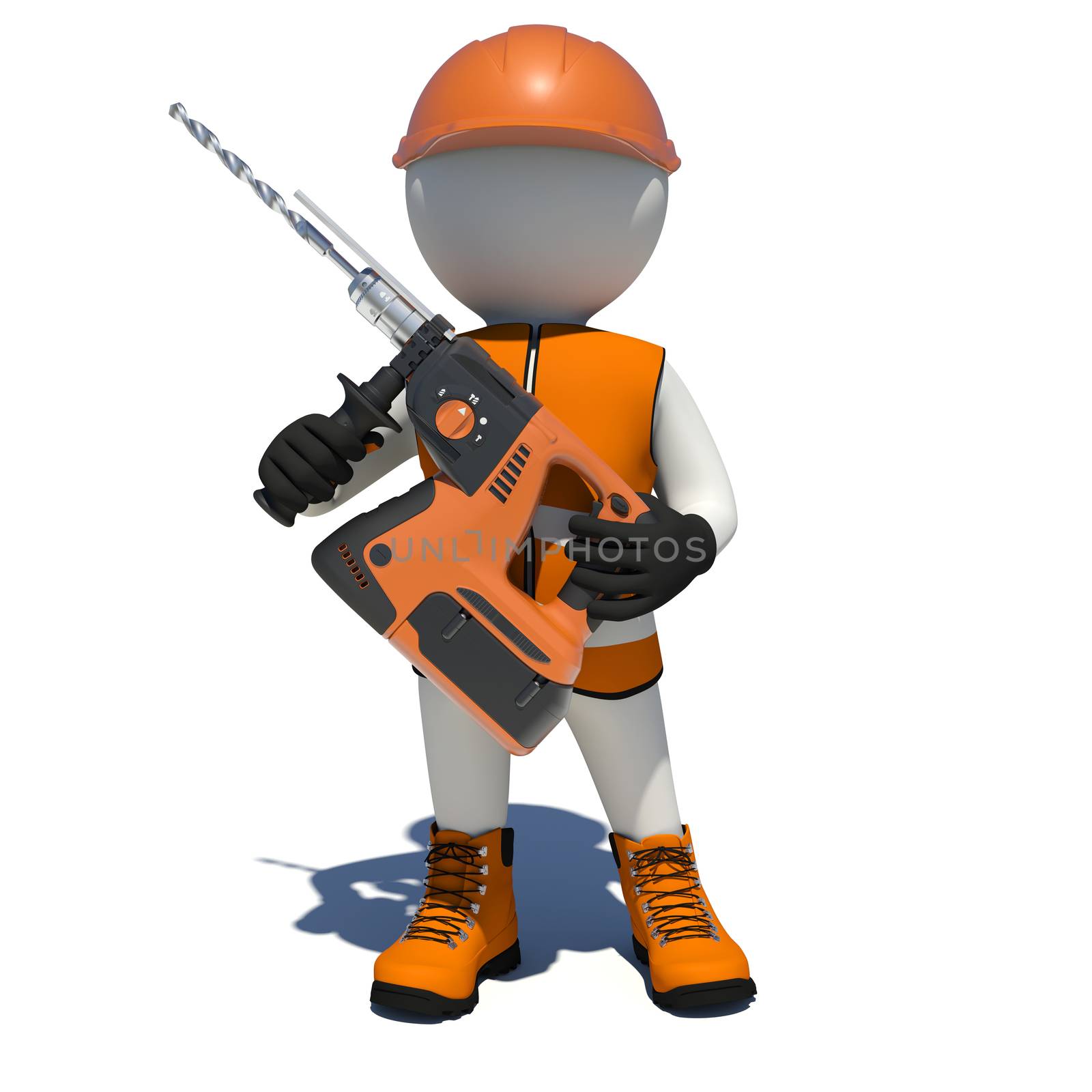 Worker in overalls holding electric perforator. Isolated render on white background
