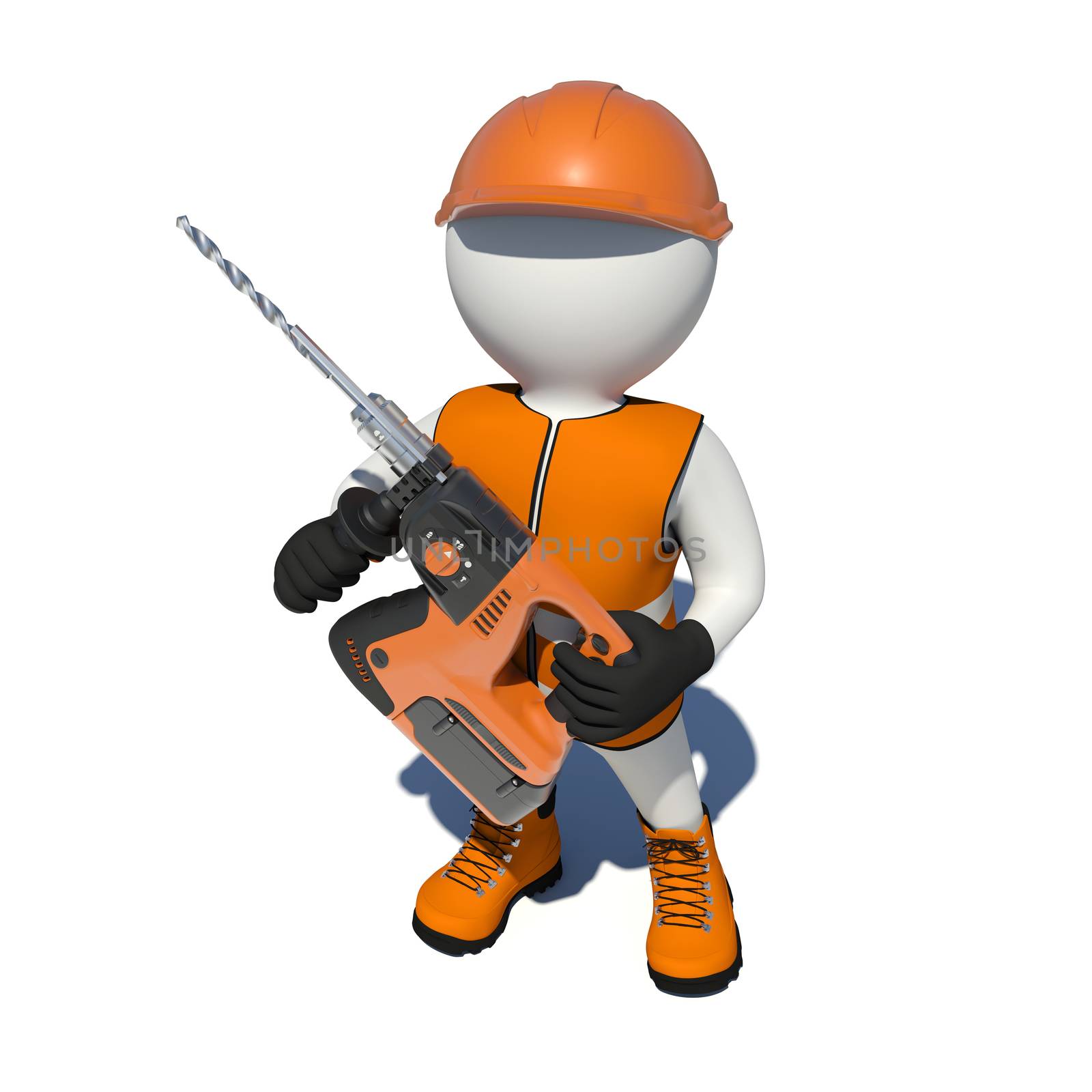 Worker in vest, shoes and helmet holding electric perforator. Top view. Isolated render on white background