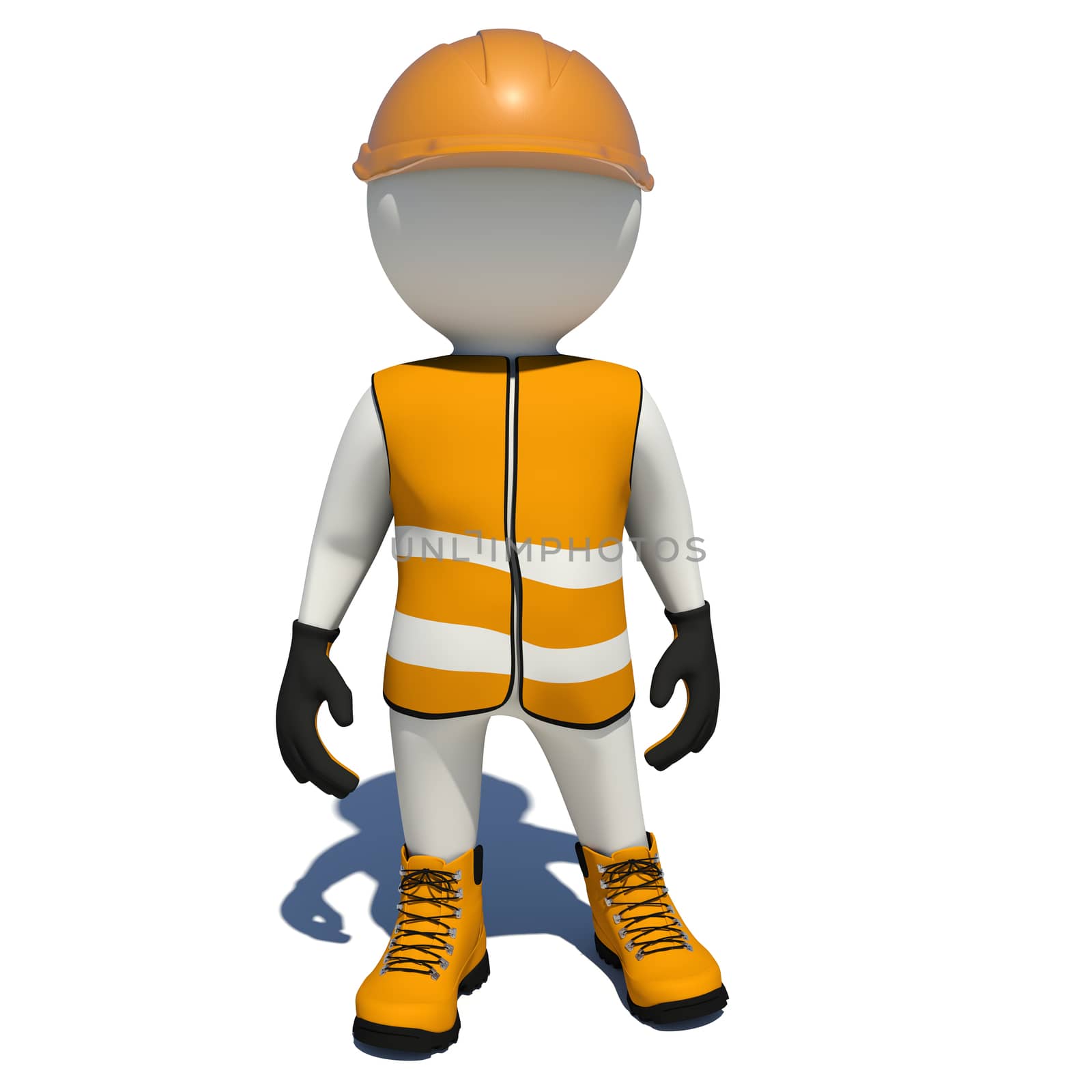 Worker in orange vest, shoes and helmet. Isolated render on white background