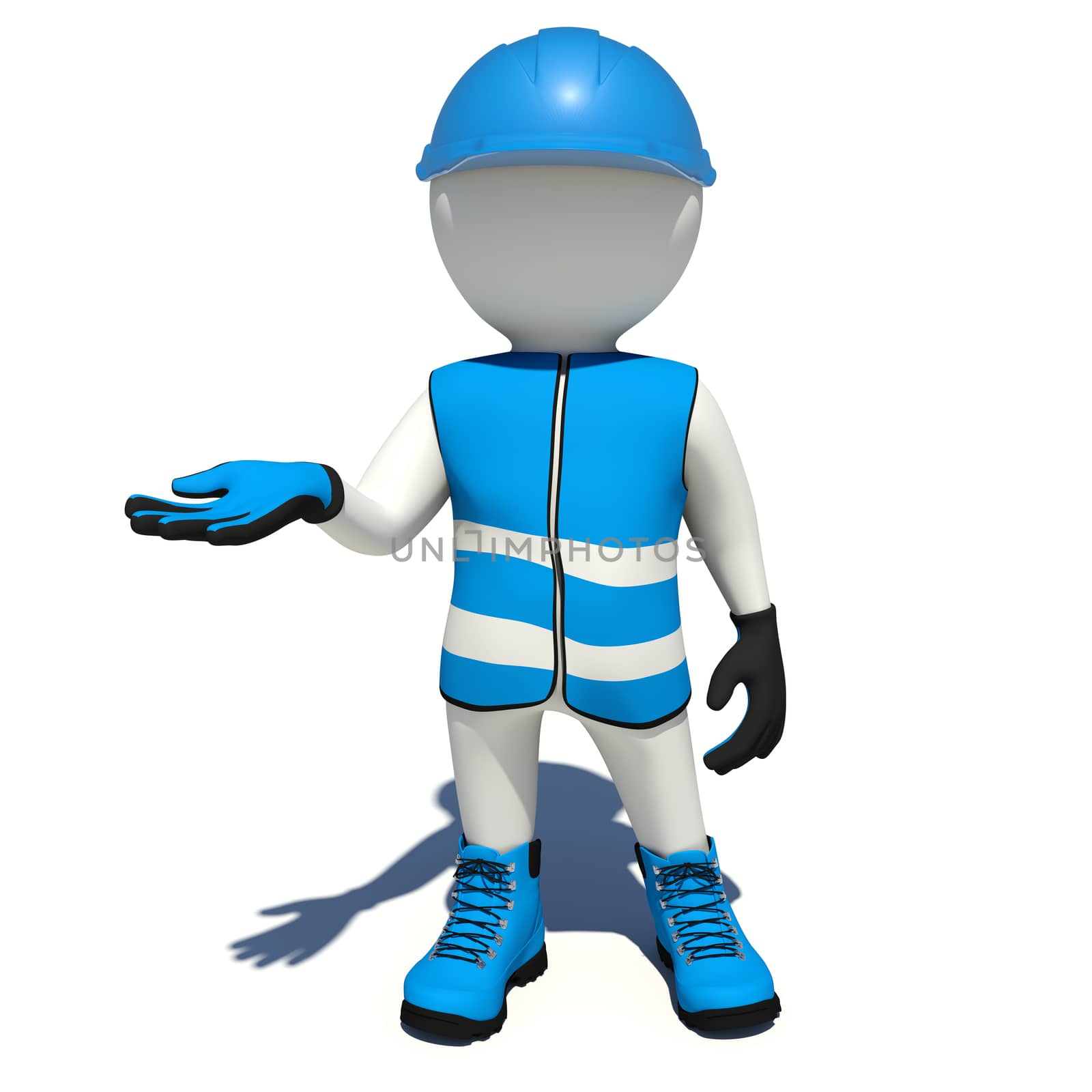Worker in blue overalls holding empty palm up. Isolated by cherezoff