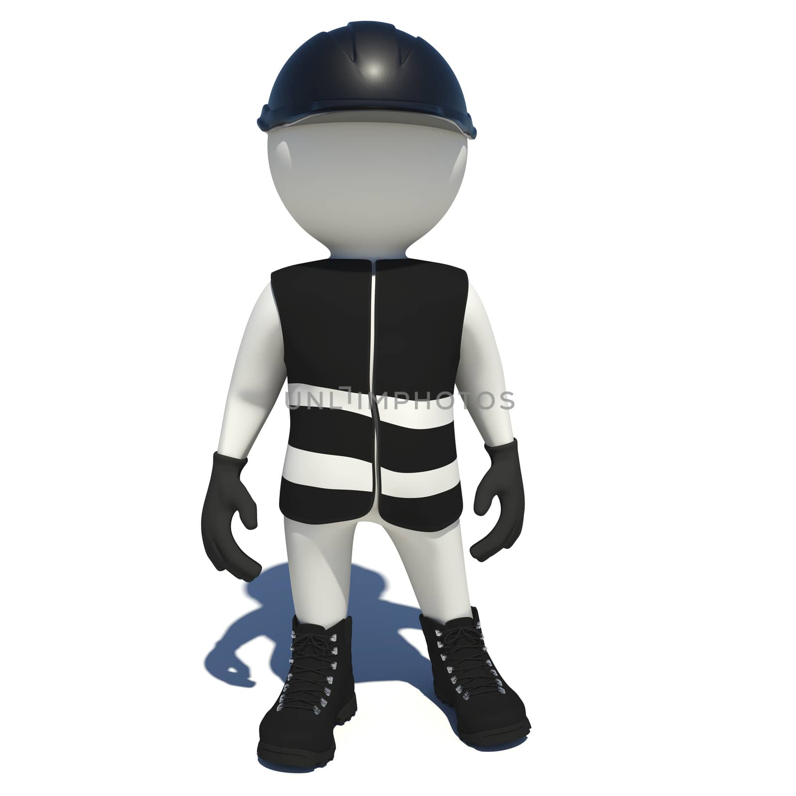 Worker in black vest, shoes and helmet. Isolated render on white background