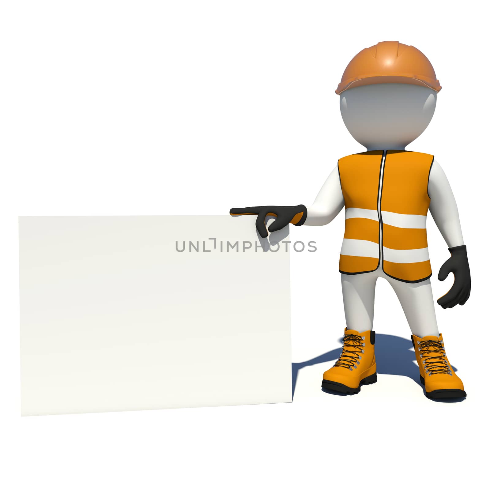 Worker in overalls holding big empty paper card. Isolated by cherezoff