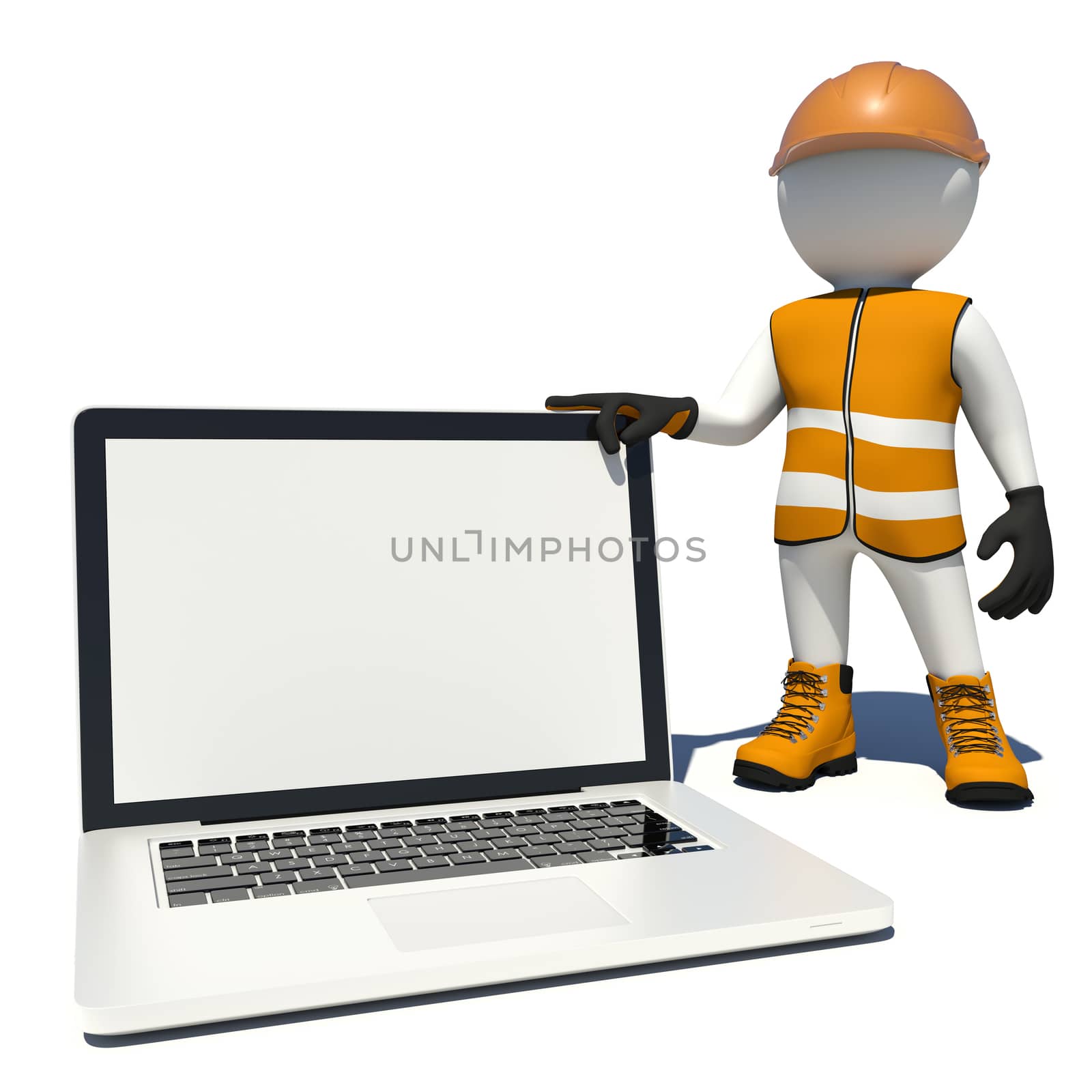 Worker in vest, shoes and helmet holding laptop white empty screen. Isolated render on white background