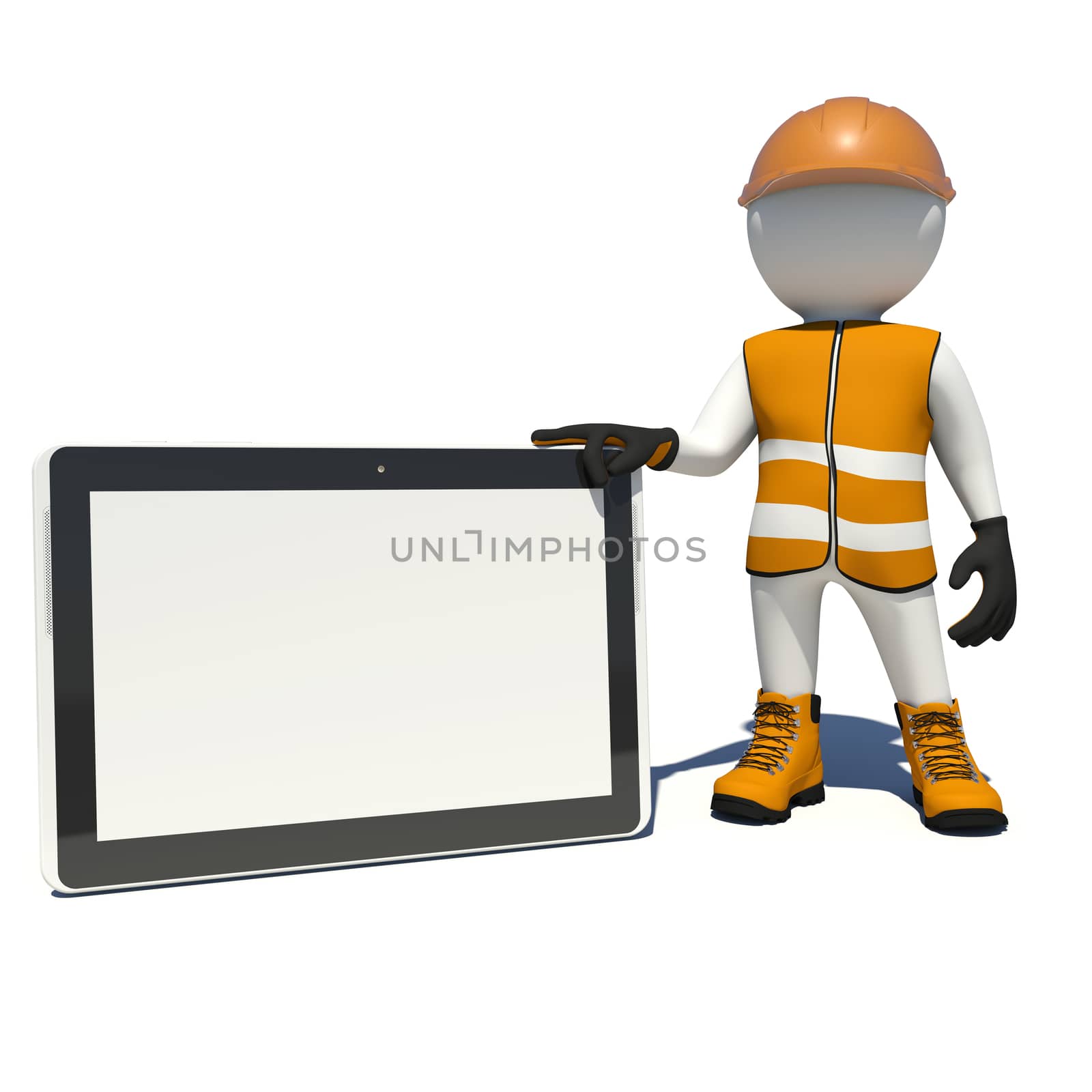 Worker in vest, shoes and helmet holding tablet pc with empty touch screen. Isolated render on white background