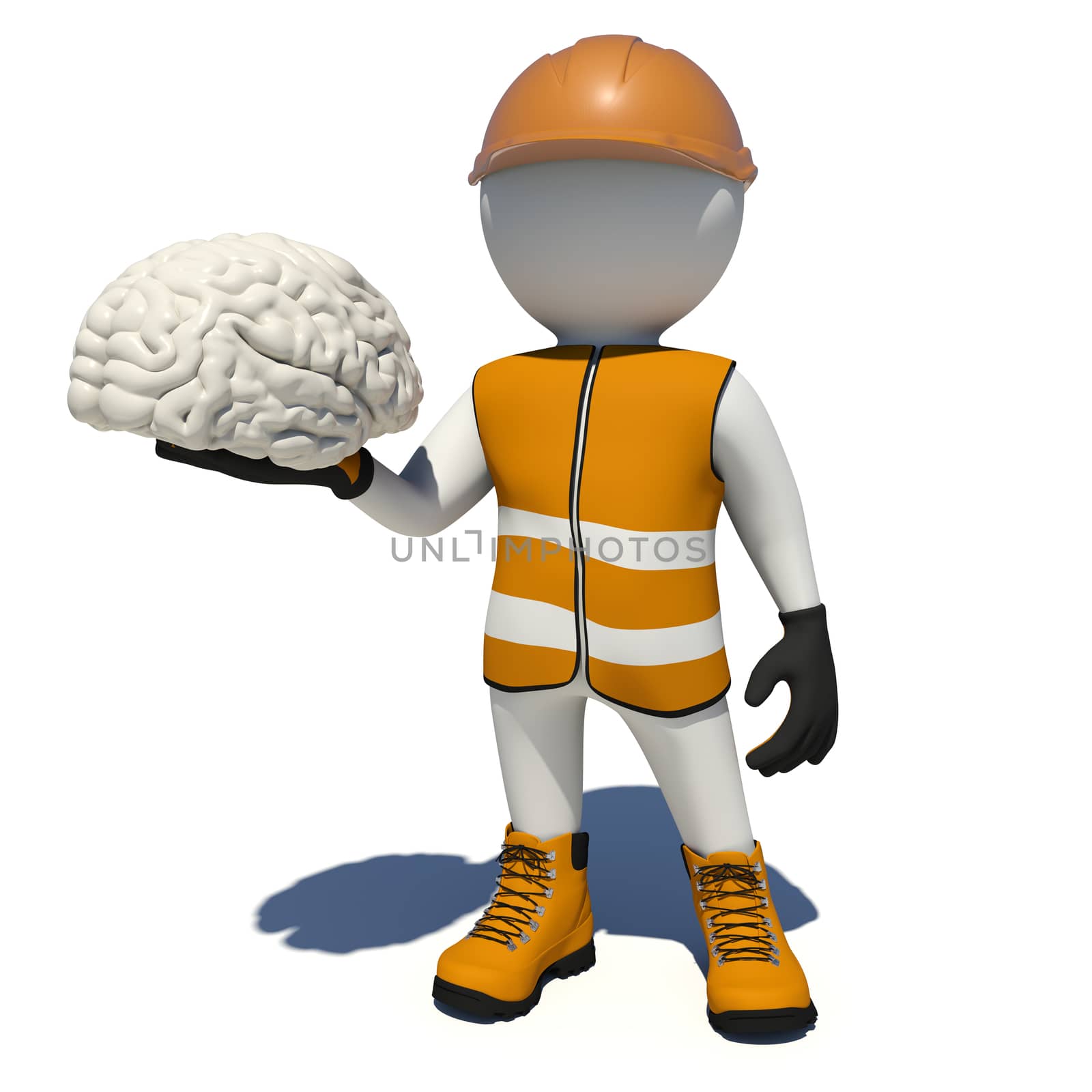 Worker in vest, shoes and helmet holding white brain. Isolated render on white background