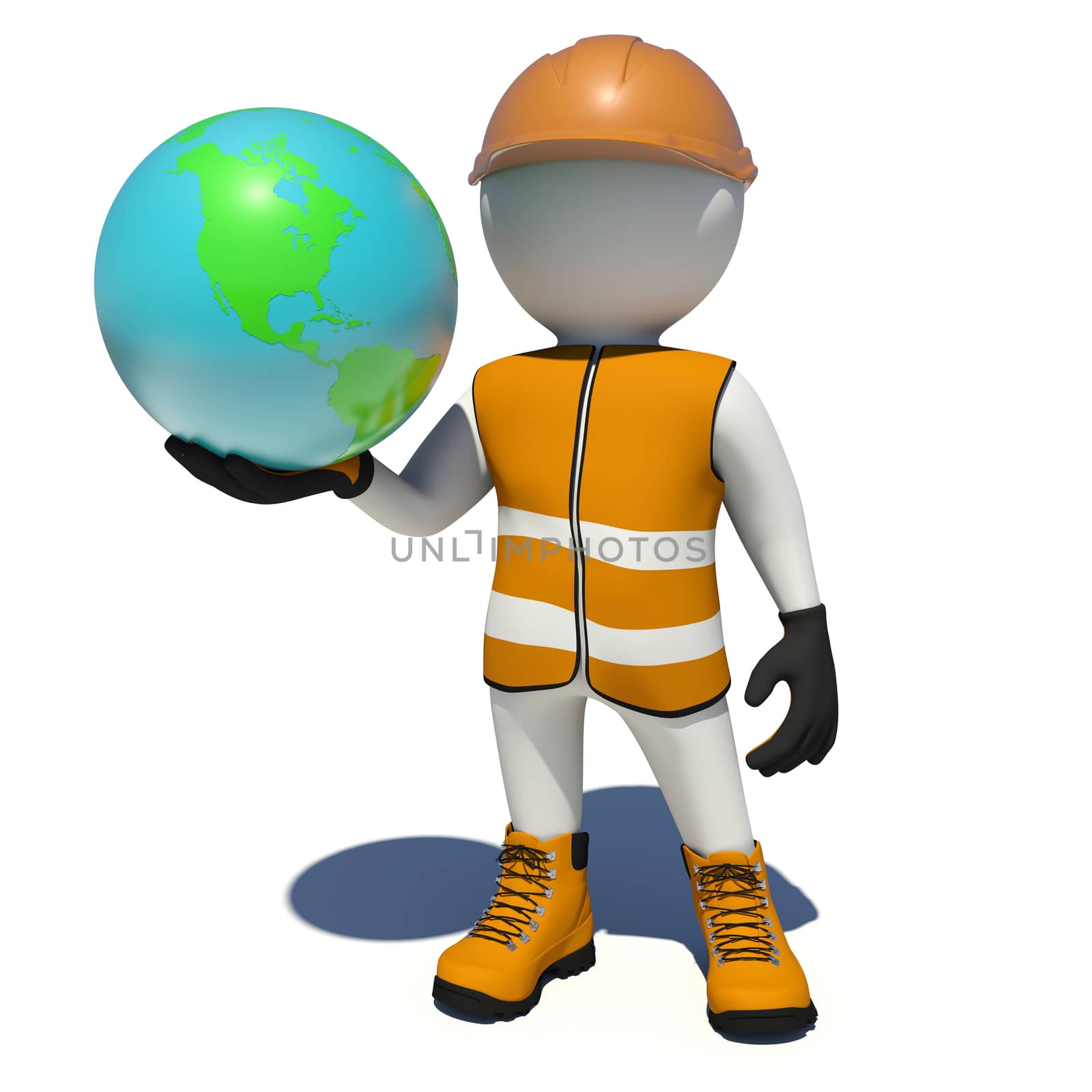 Worker in overalls holding Earth. Isolated by cherezoff