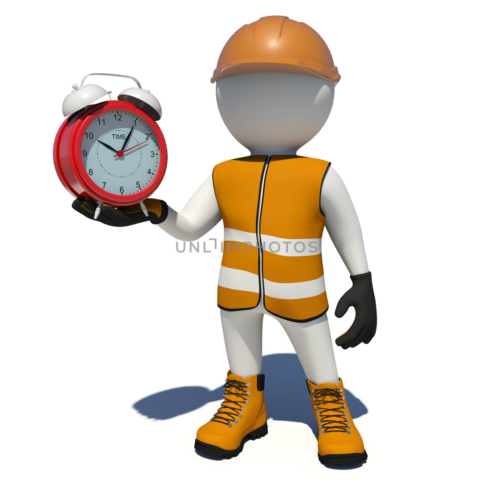 Worker in vest, shoes and helmet holding red alarm clock. Isolated render on white background