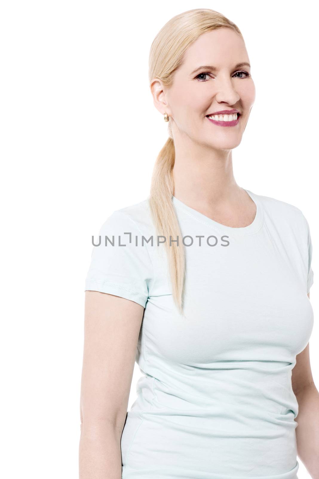 Casual pose of smiling woman over white