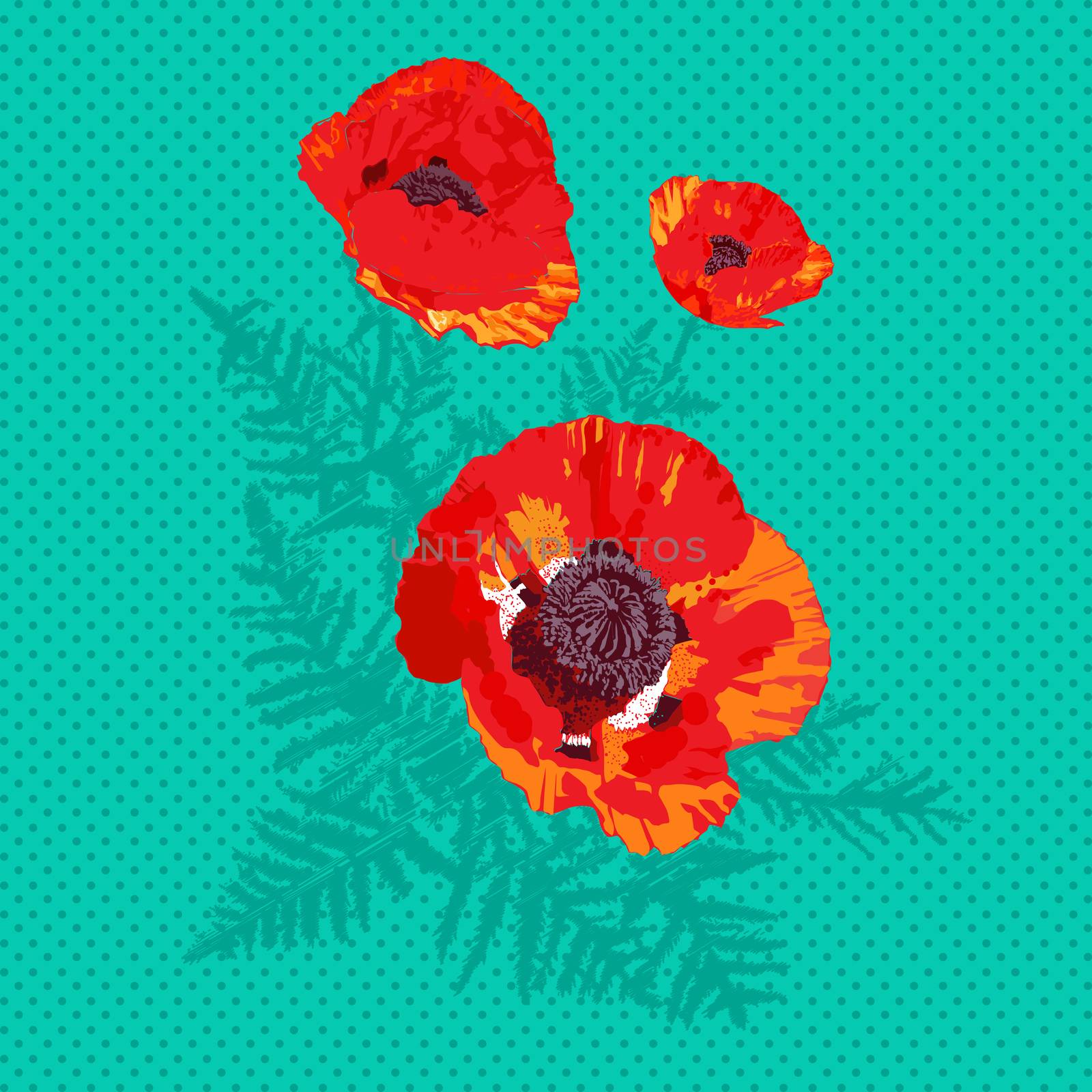 Pop Art card with poppies over a green background with dots