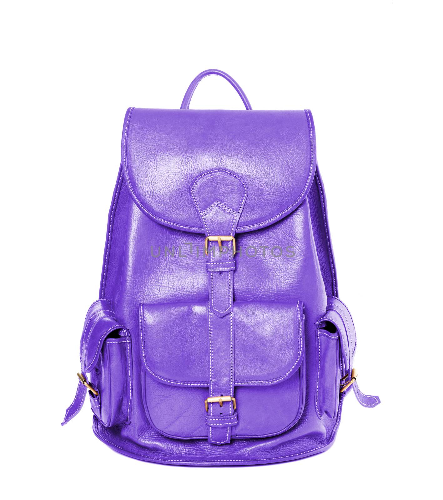 Purple color leather backpack standing isolated on white background
