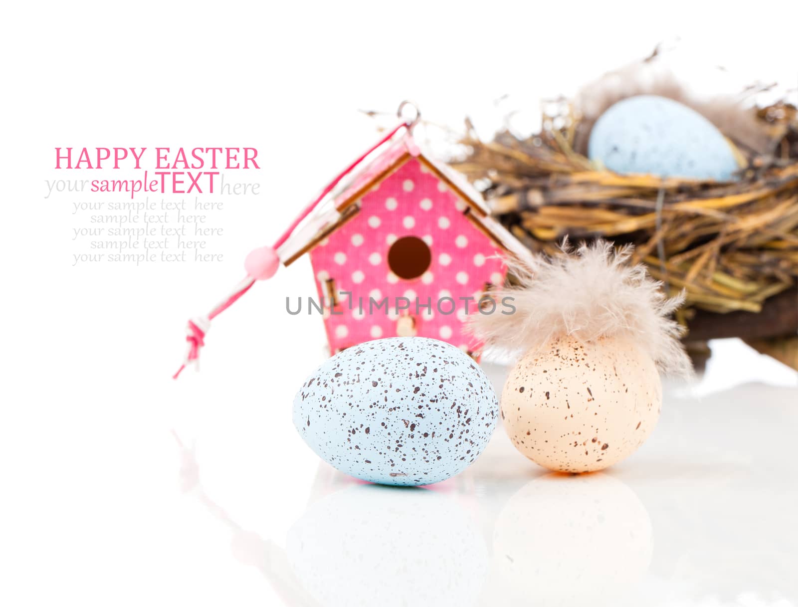 easter decoration on white background with color egg and with birdhouse, with space for text