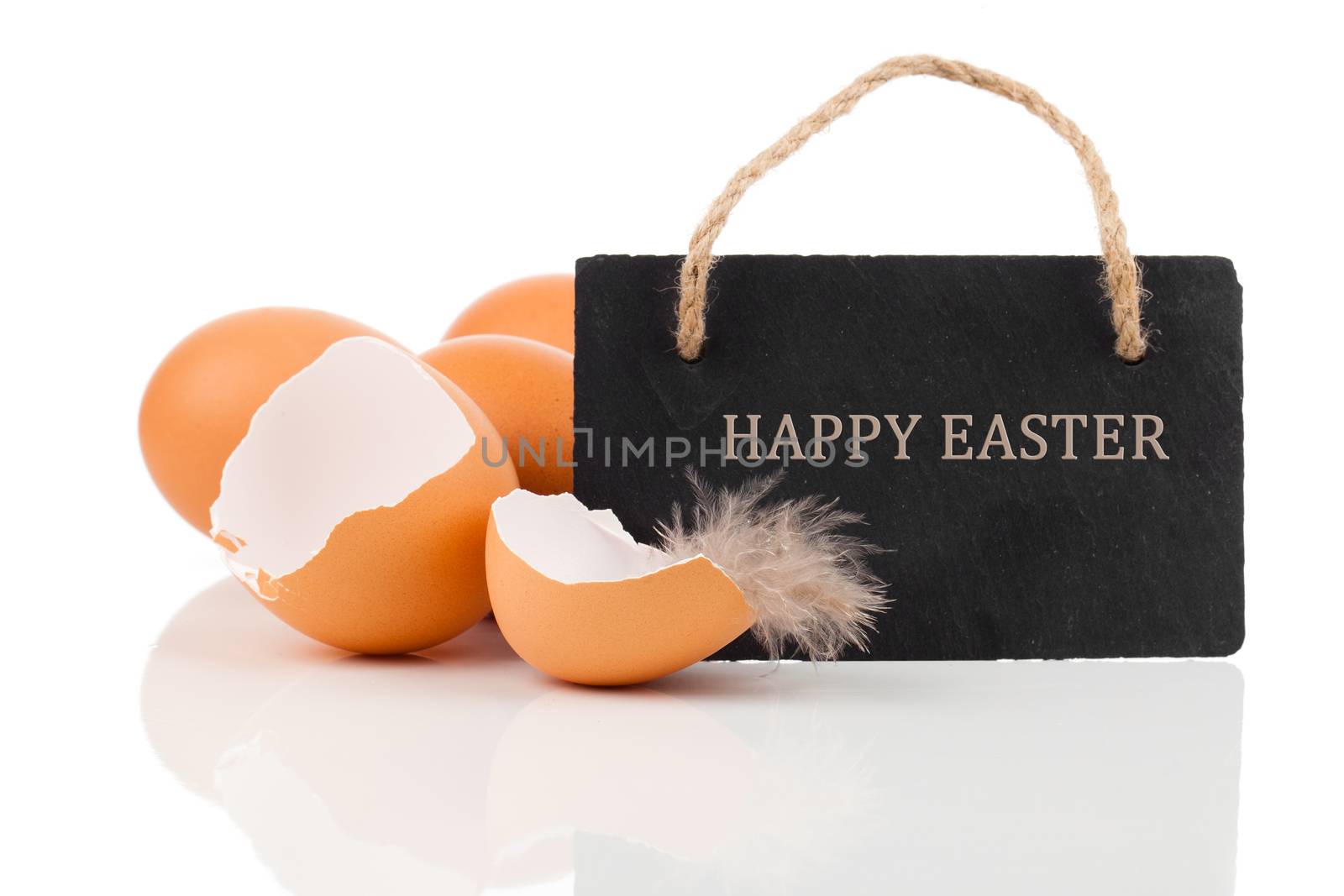 broken egg with blackboard with space for text , on white background