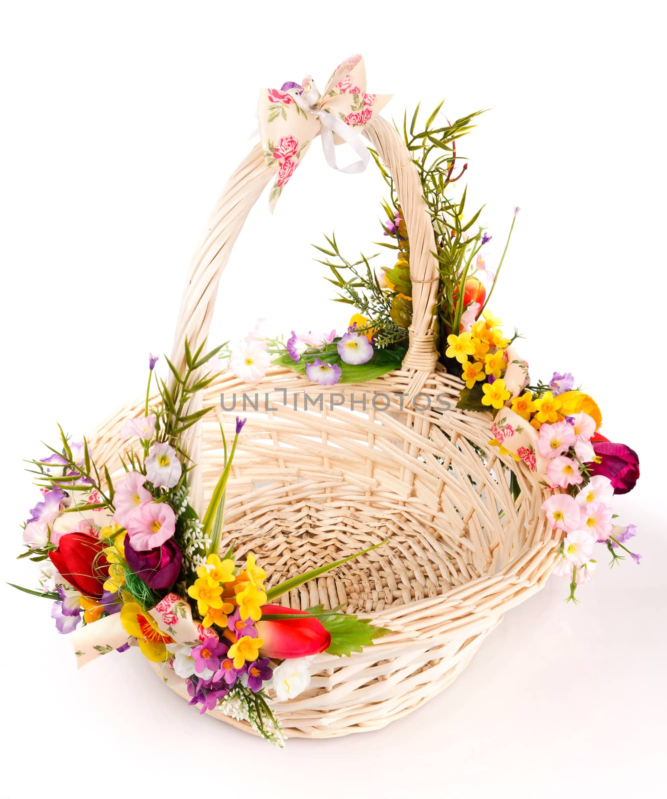 basket decorated with flowers on a white background