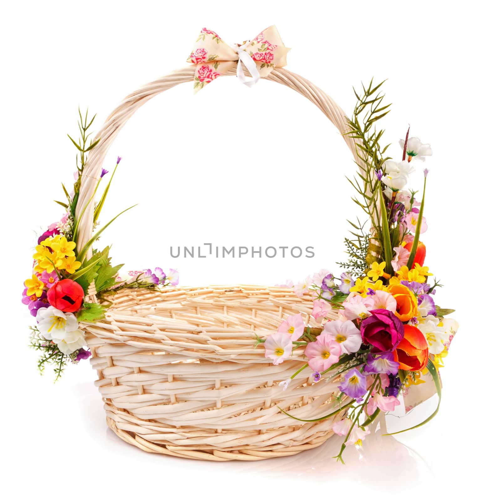 basket decorated with flowers on a white background