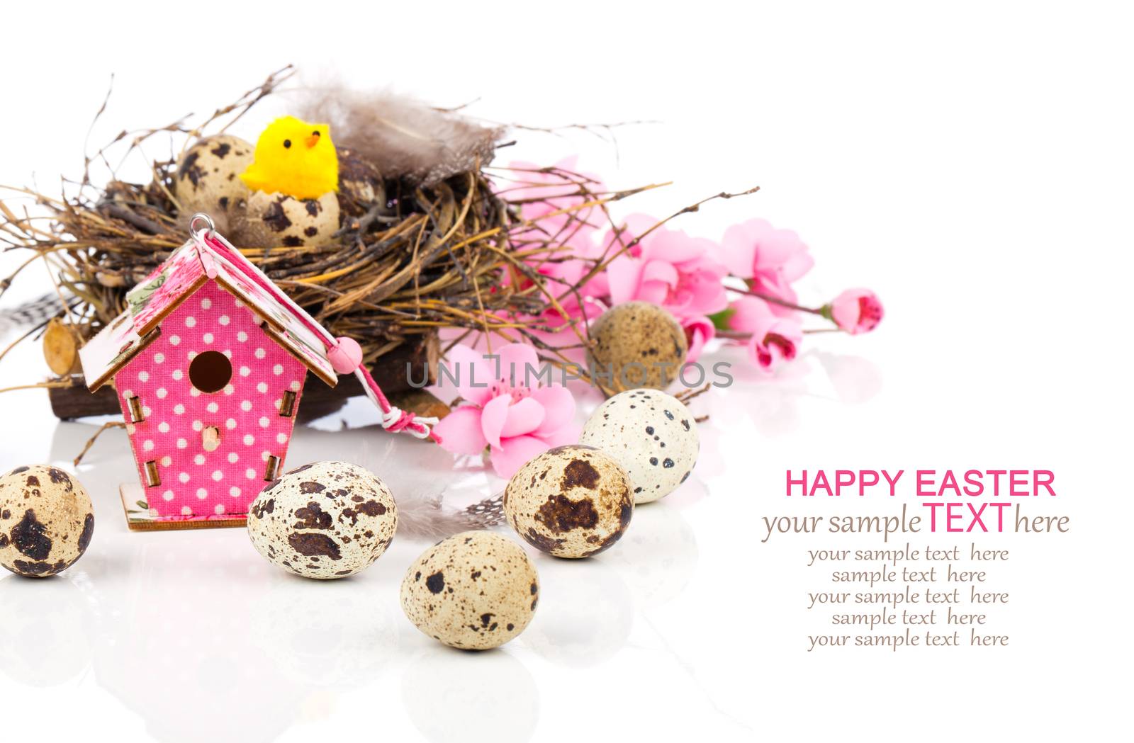 easter decoration on white background with quail eggs and with birdhouse, with space for text