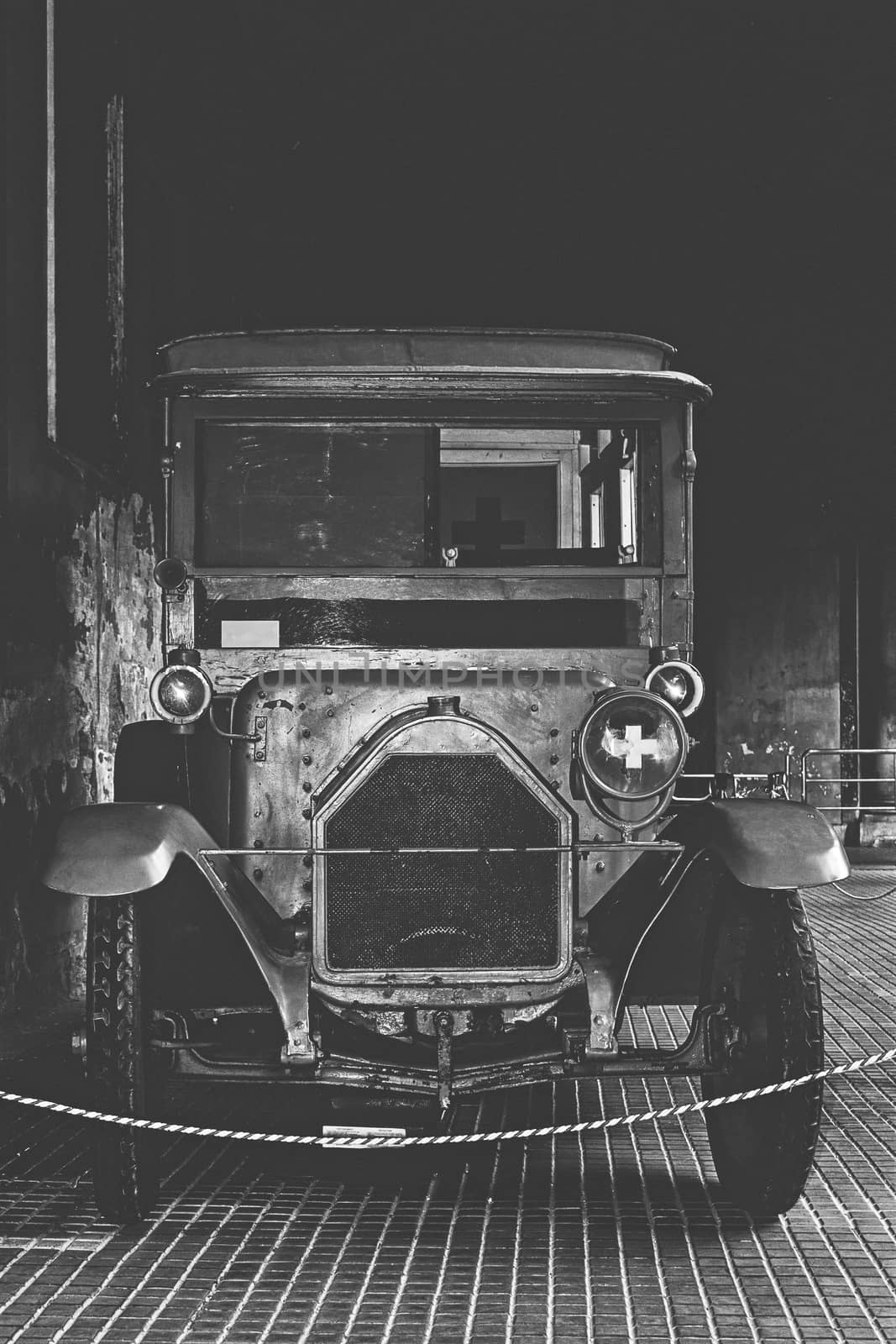 antique ambulance in black and white