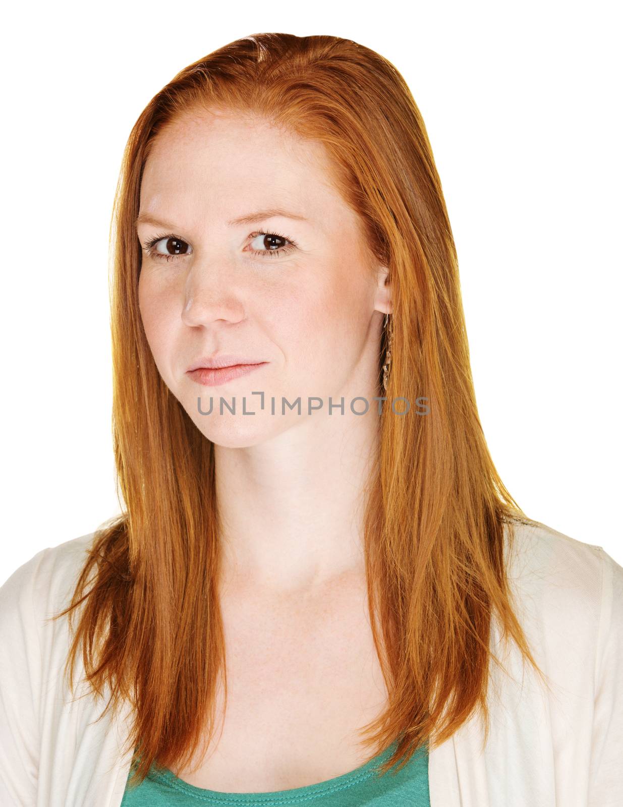 Young Caucasian female with red hair and flirting expression