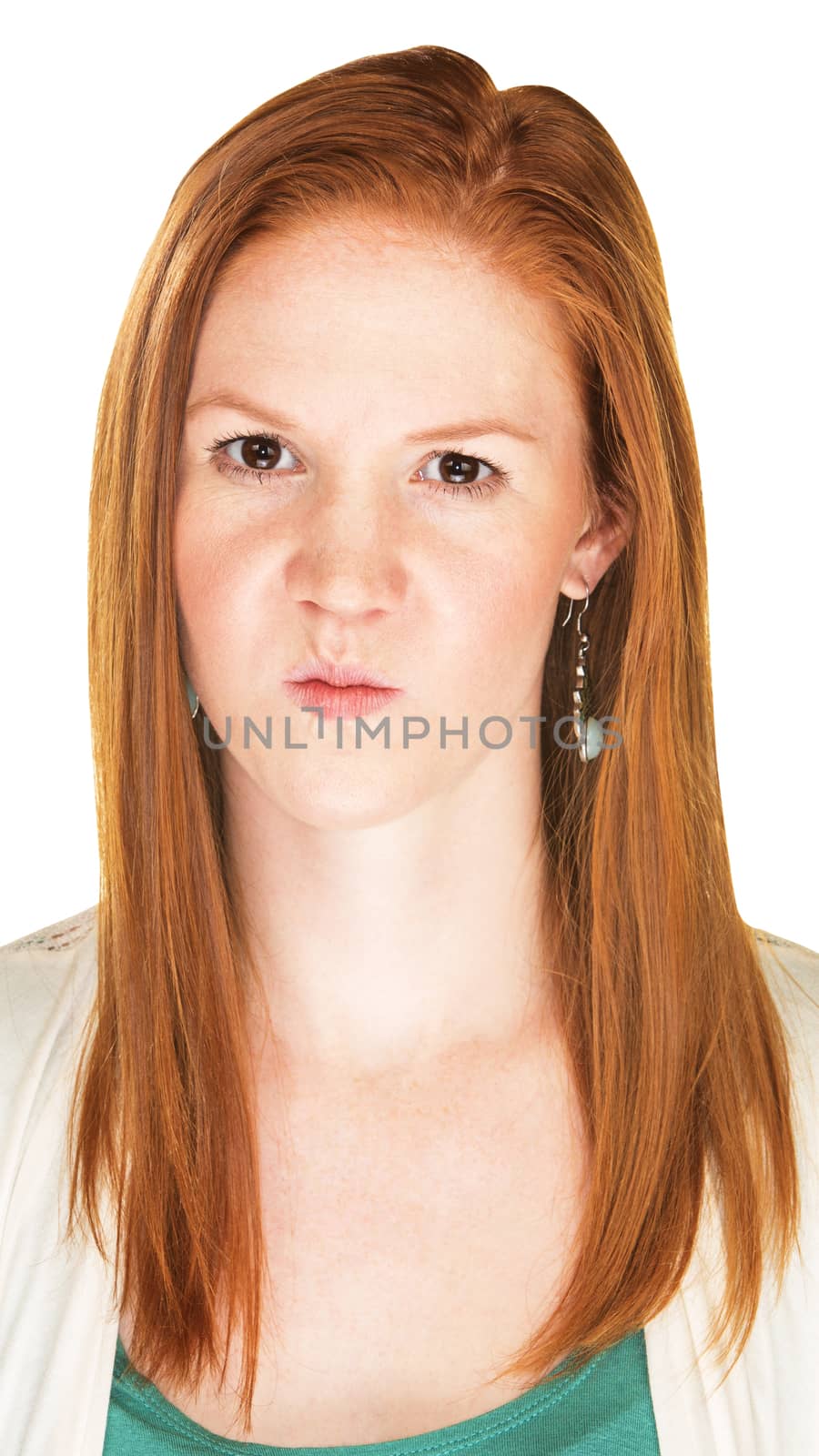Isolated angry person with puckered lips over white