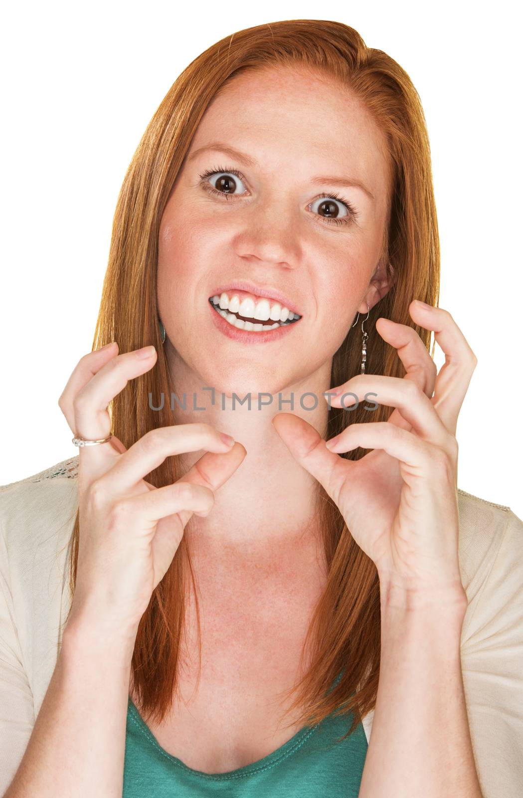 Isolated furious European woman gesturing with hands