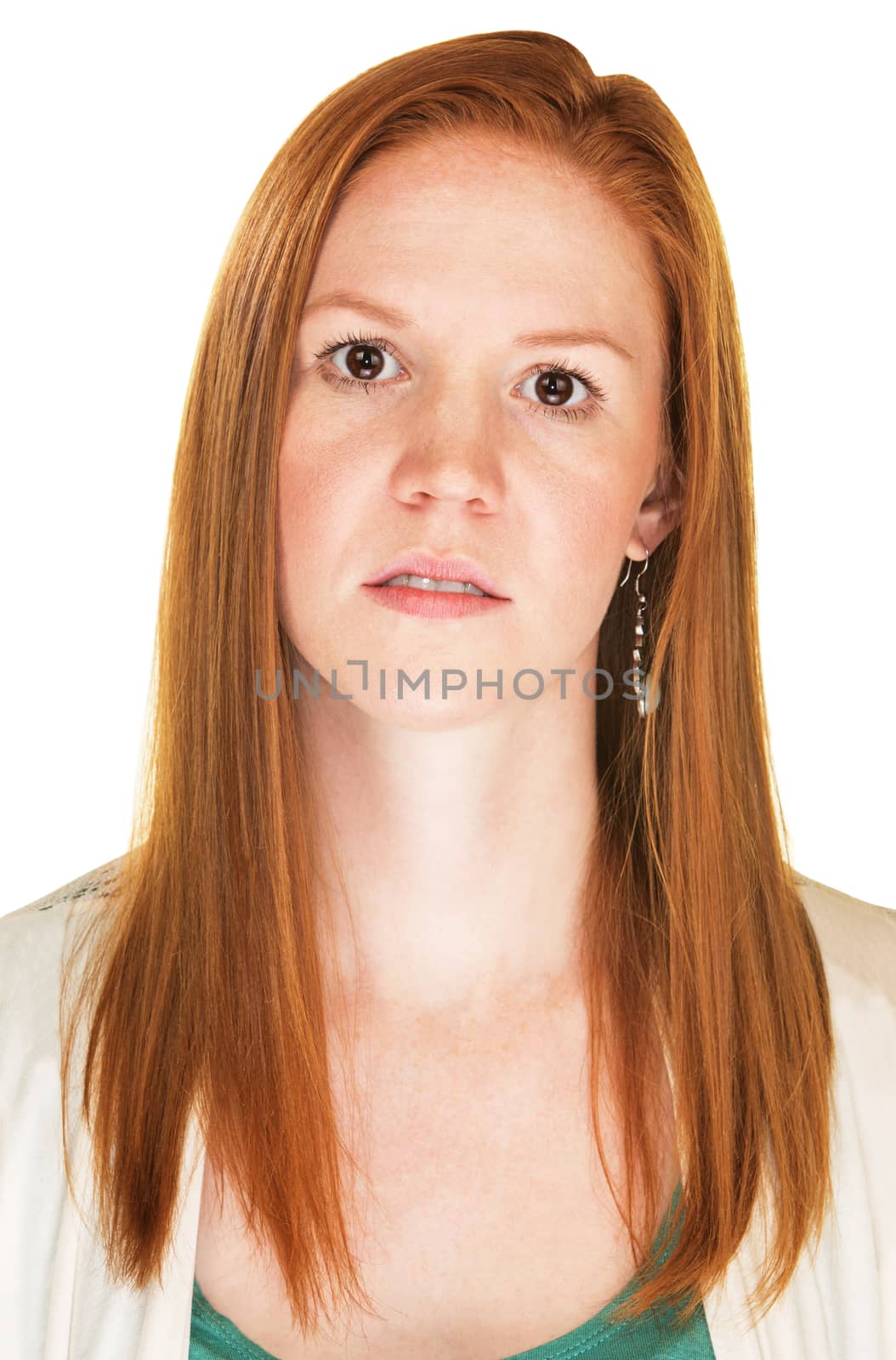 Isolated female over white background staring blankly