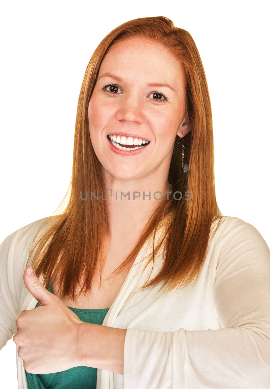 Enthusiastic red haired female with thumbs up gesture