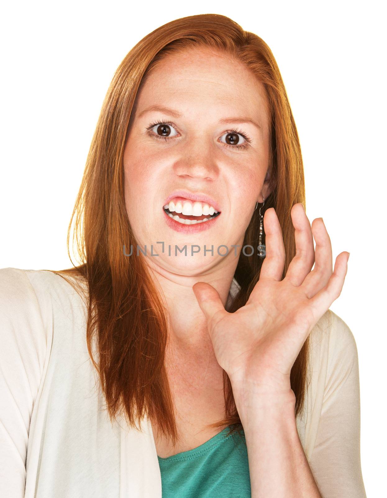 Terrified isolated woman with hand near face