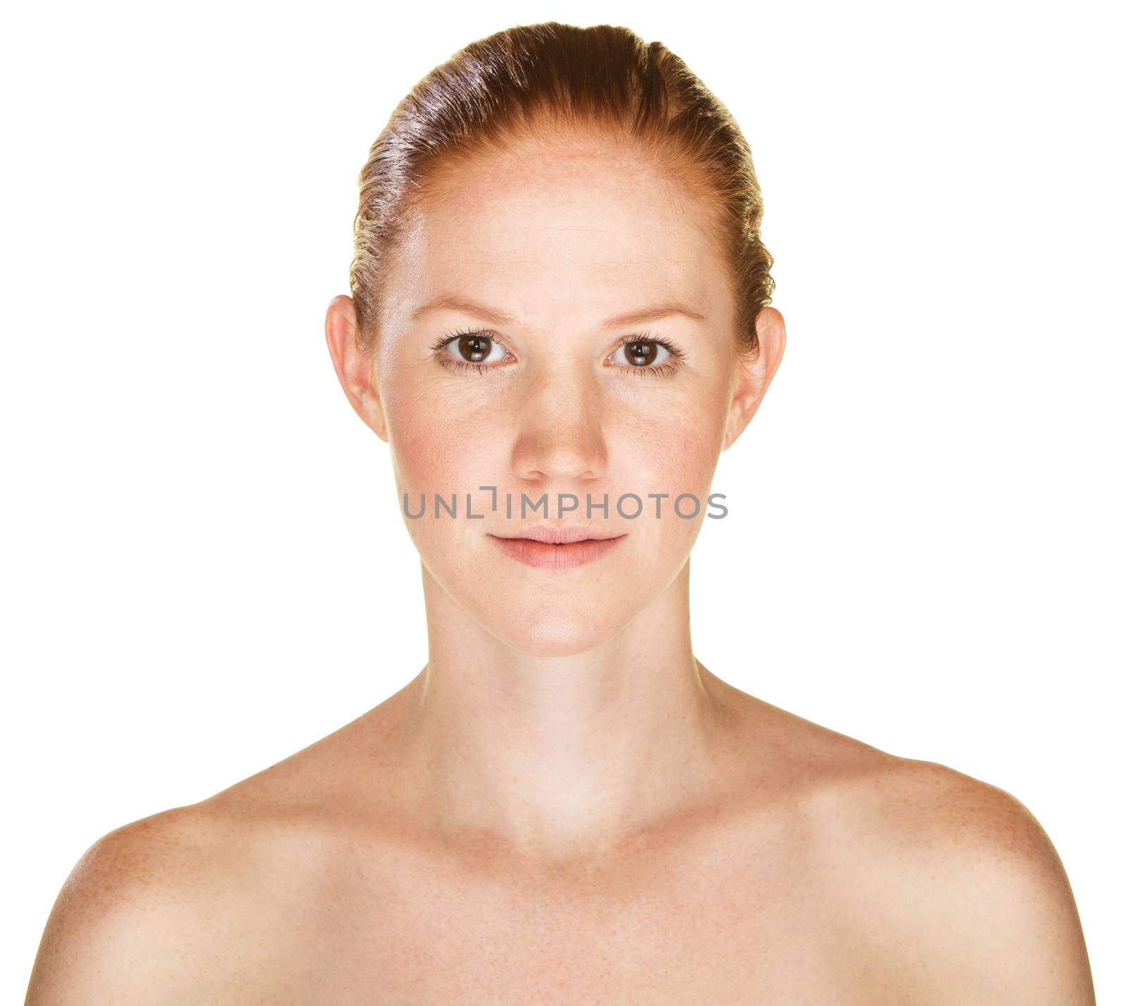 Isolated sensual young Caucasian female with bare shoulders