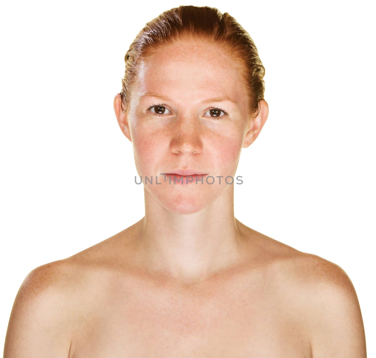 Calm single red haired female with bare shoulders