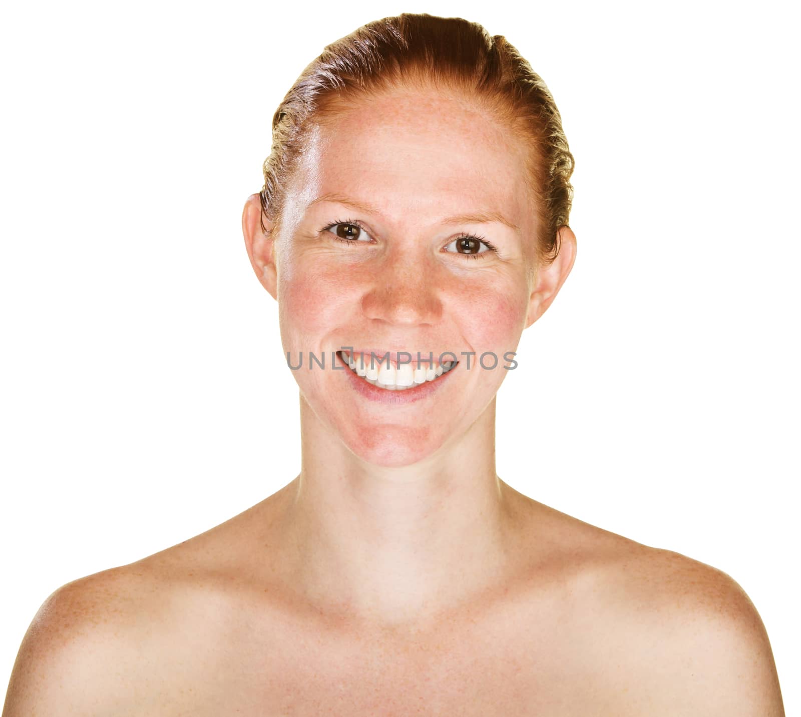 Single isolated female with red hair laughing