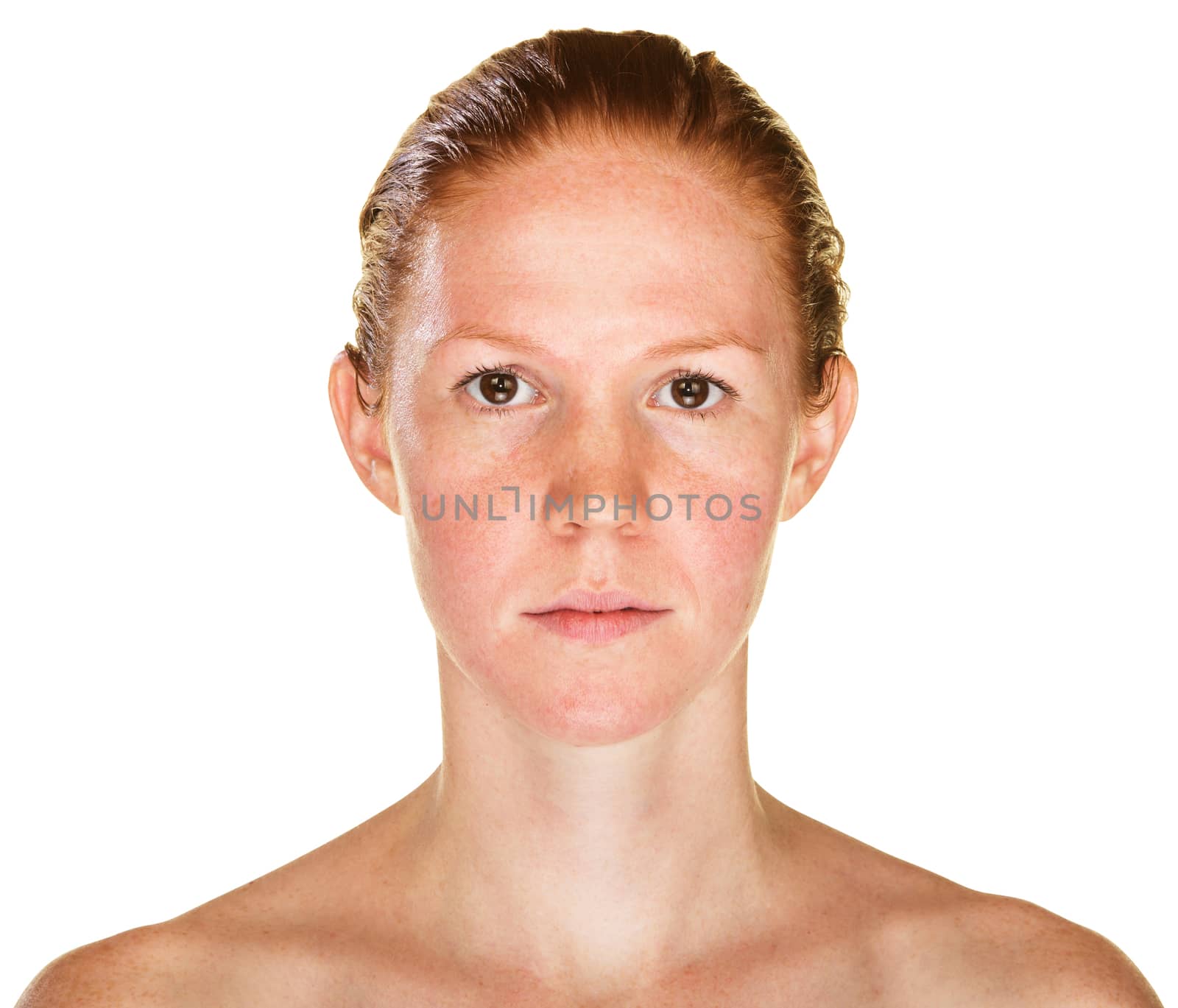 Isolated female with bare shoulders staring ahead