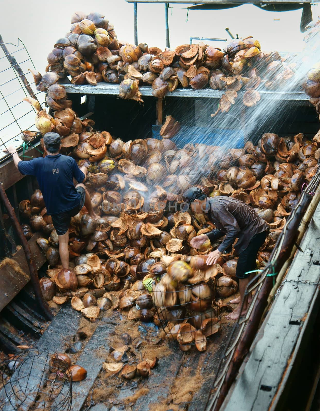 BEN TRE, VIET NAM- JUNE1: Asian worker work hard outdoor on day, Vietnamese man transfer material from coconut fiber industry, tradition product from coconut area, Mekong Delta, Vietnam, June 1, 2015