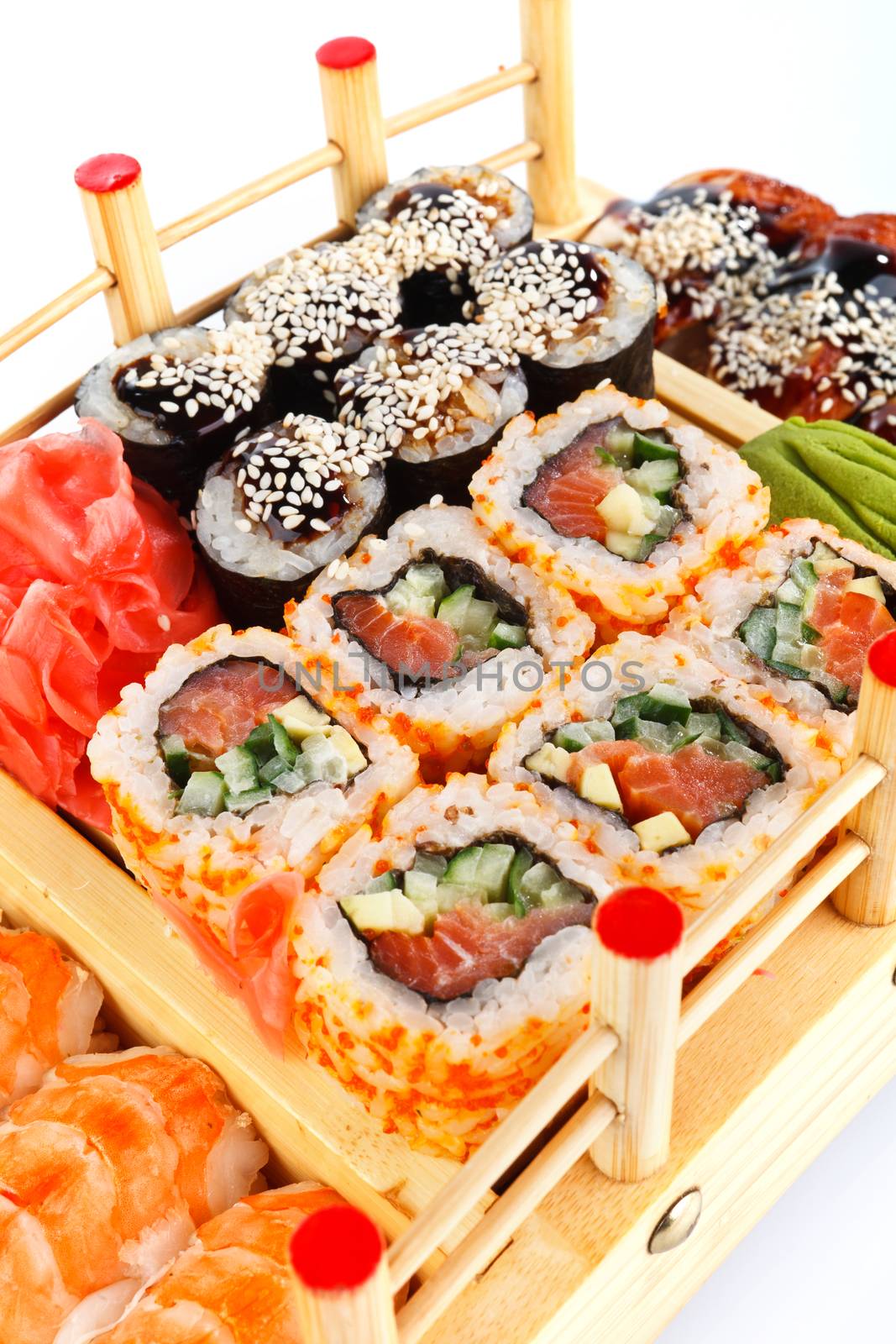 Different Types of Maki Sushi and Nigiri Sushi on white backgraund