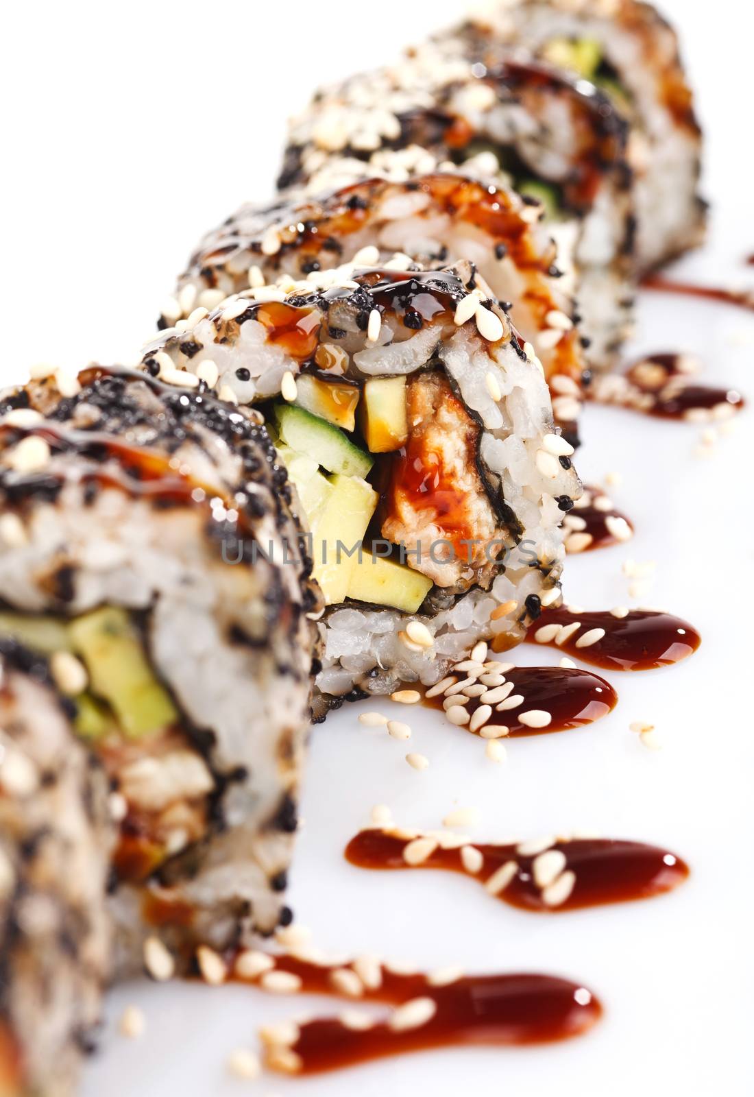 Traditional japanese sushi  with sauce isolated on white background