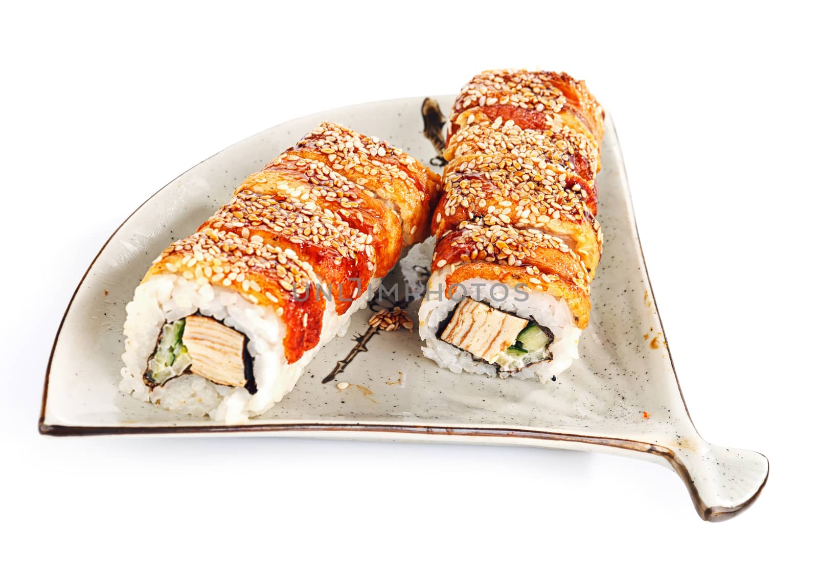 Traditional japanese sushi  with sauce isolated on white background