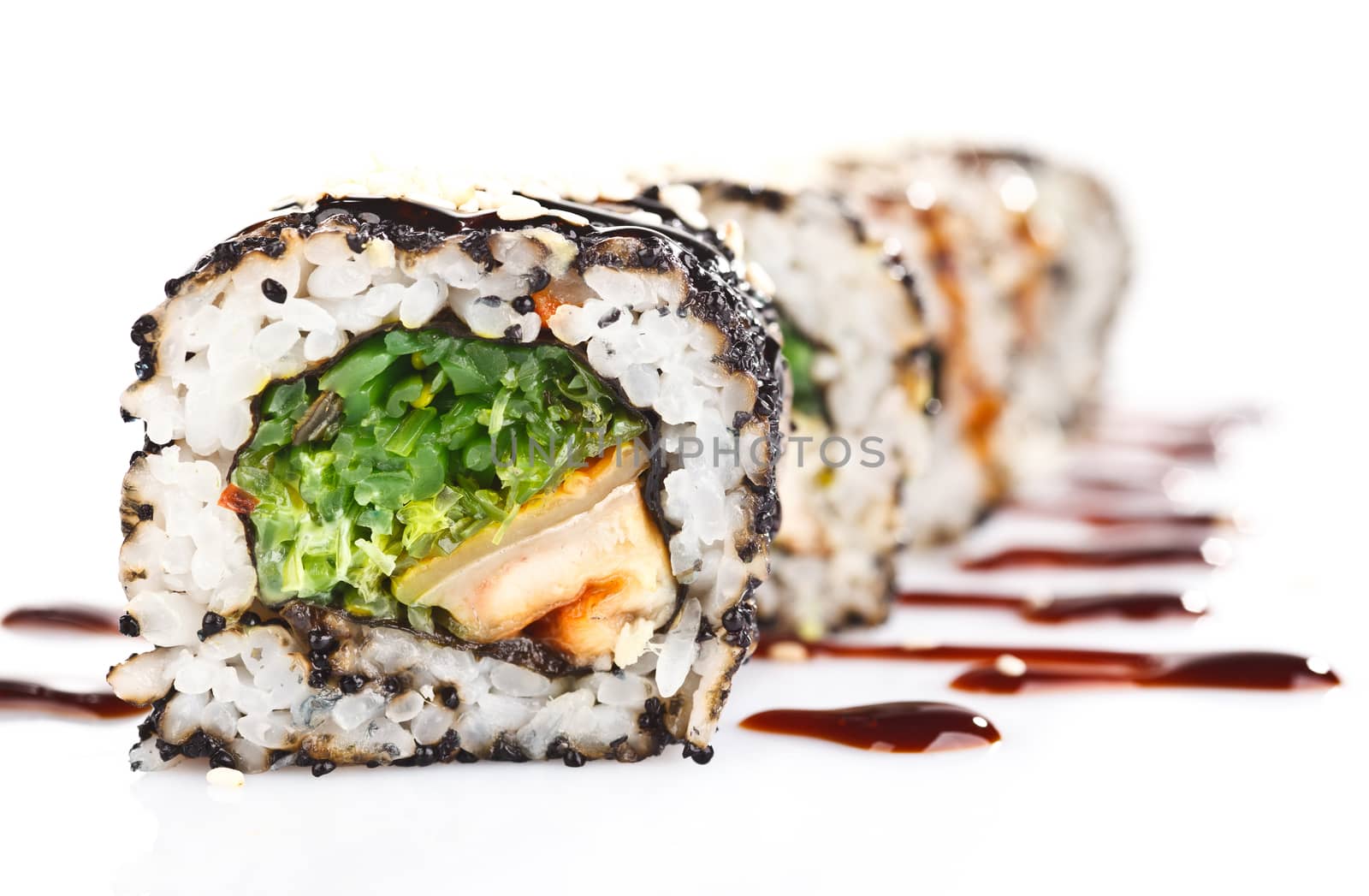 Traditional japanese sushi  with sauce isolated on white background