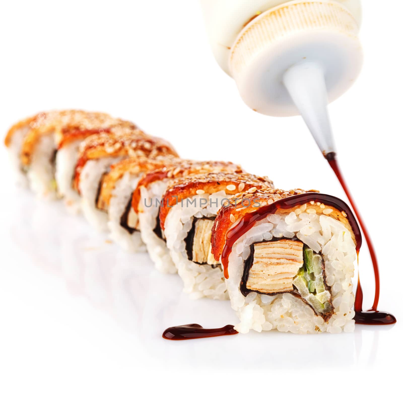 Traditional japanese sushi  with sauce isolated on white background