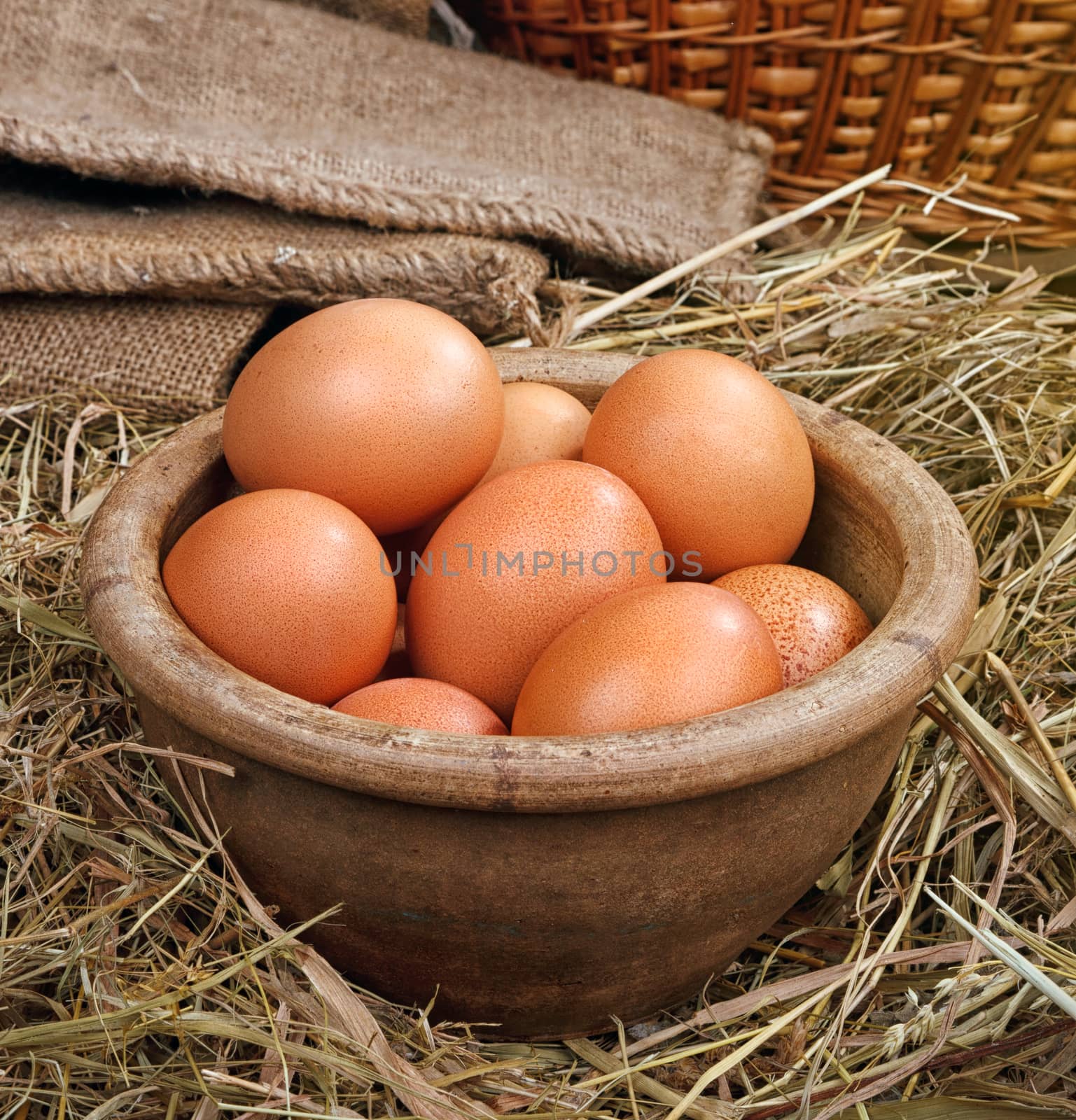 chicken easter eggs in a clay pot at  home background