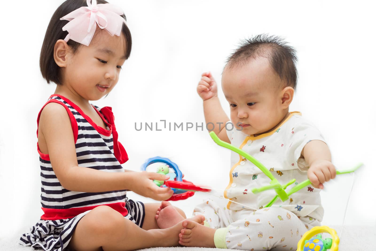 Two Asian Chinese  children playing in white background