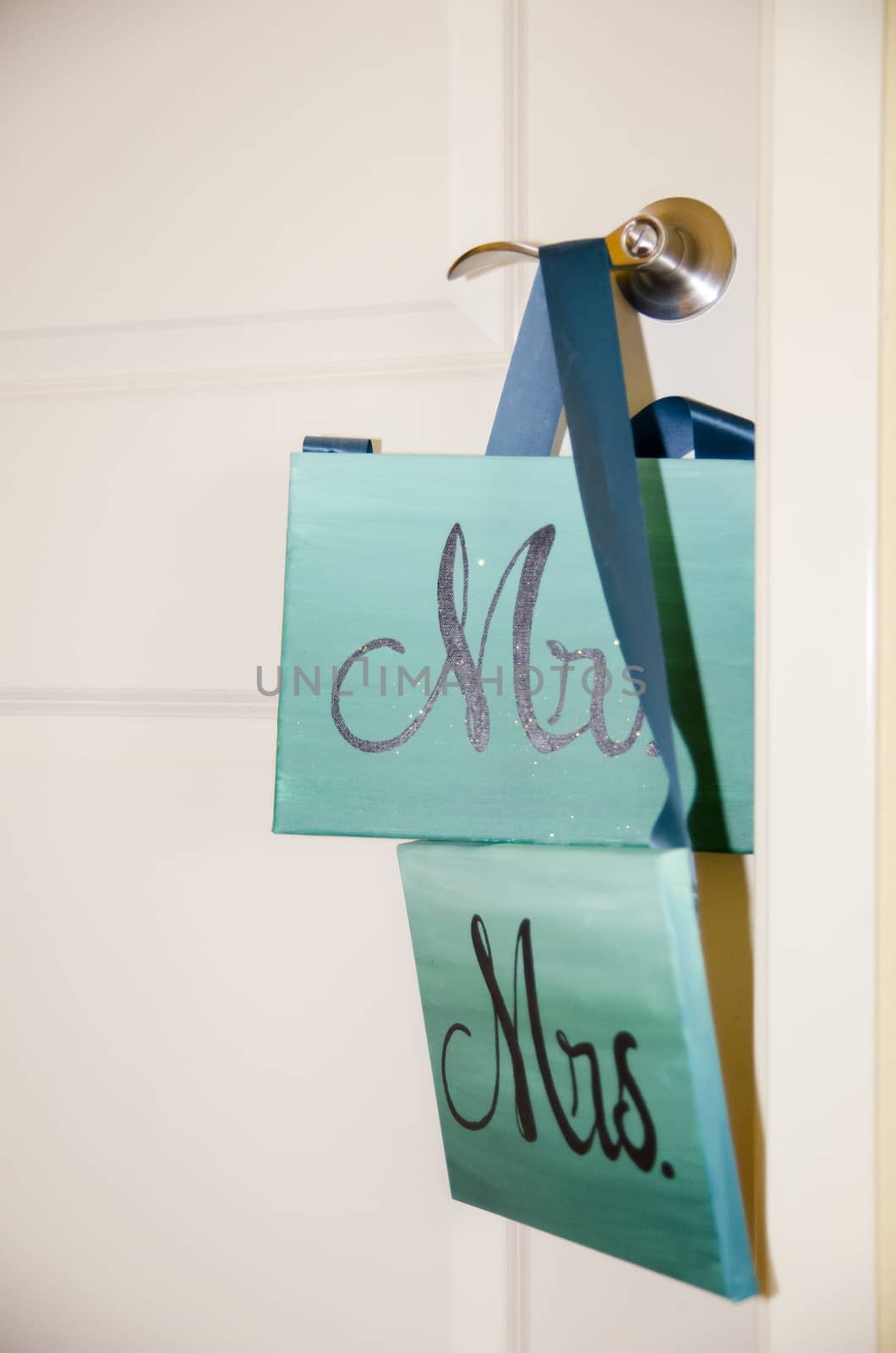 Words ''Mr. and Mrs'' on square plaques hanging on door
