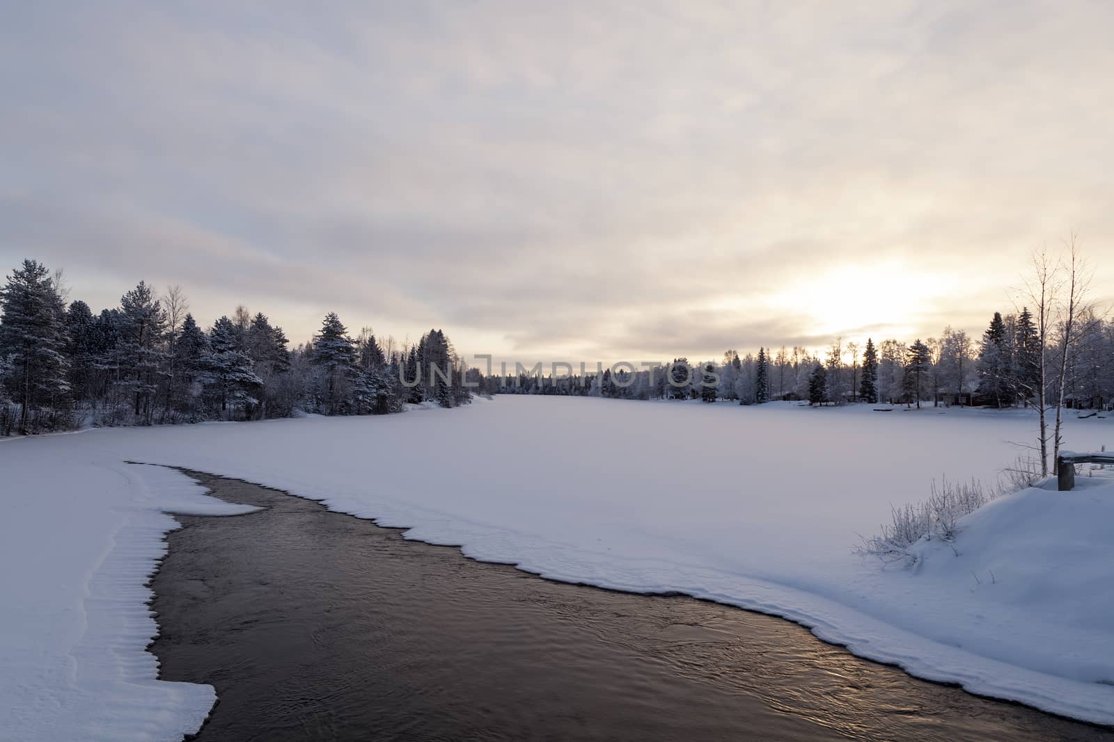 A winter landscape with an opening in the frozen river and the sun in the background