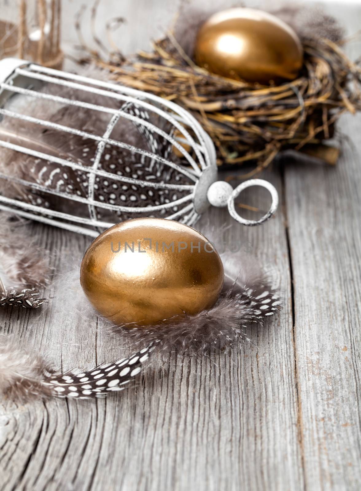 golden egg in nest, on wooden background by motorolka