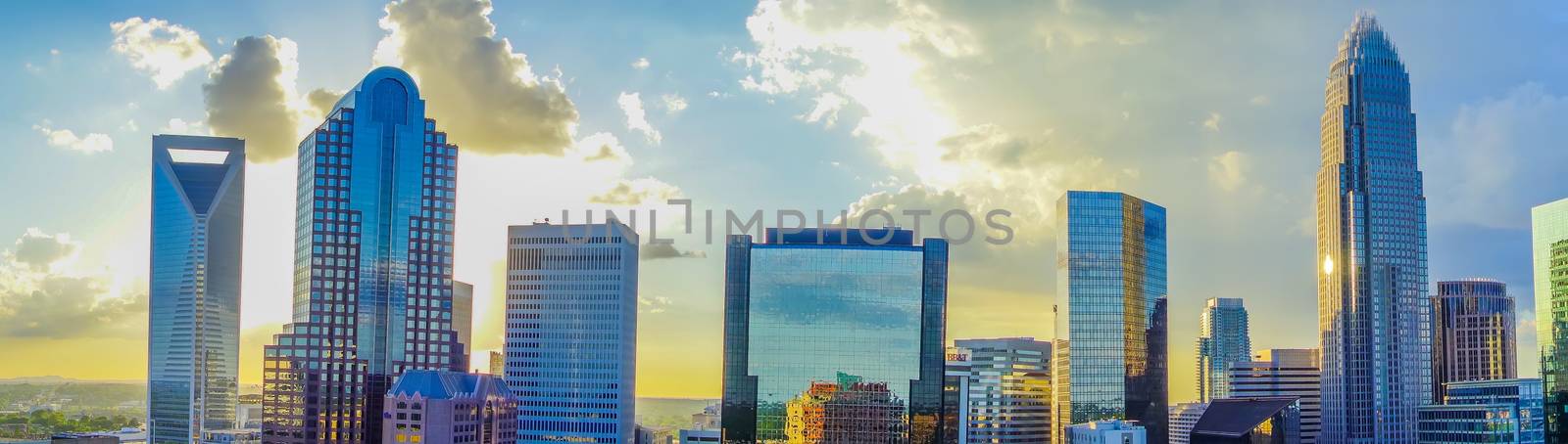 sunset over charlotte city skyline of north carolina