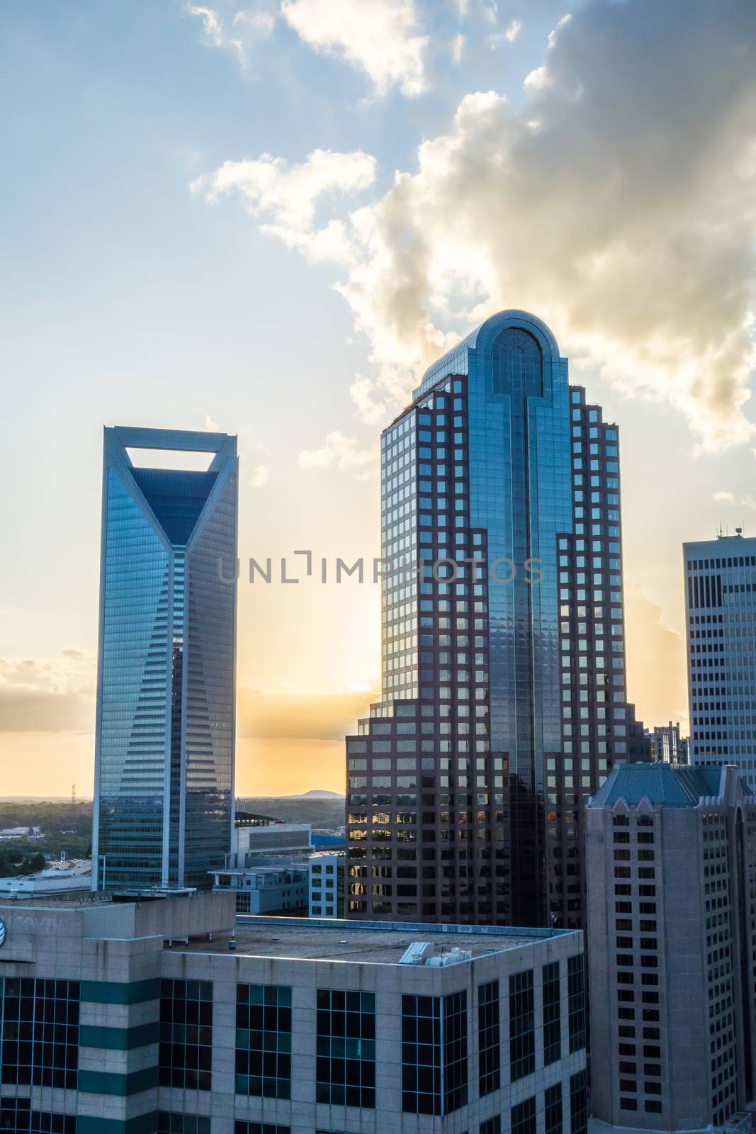 sunset over charlotte city skyline of north carolina