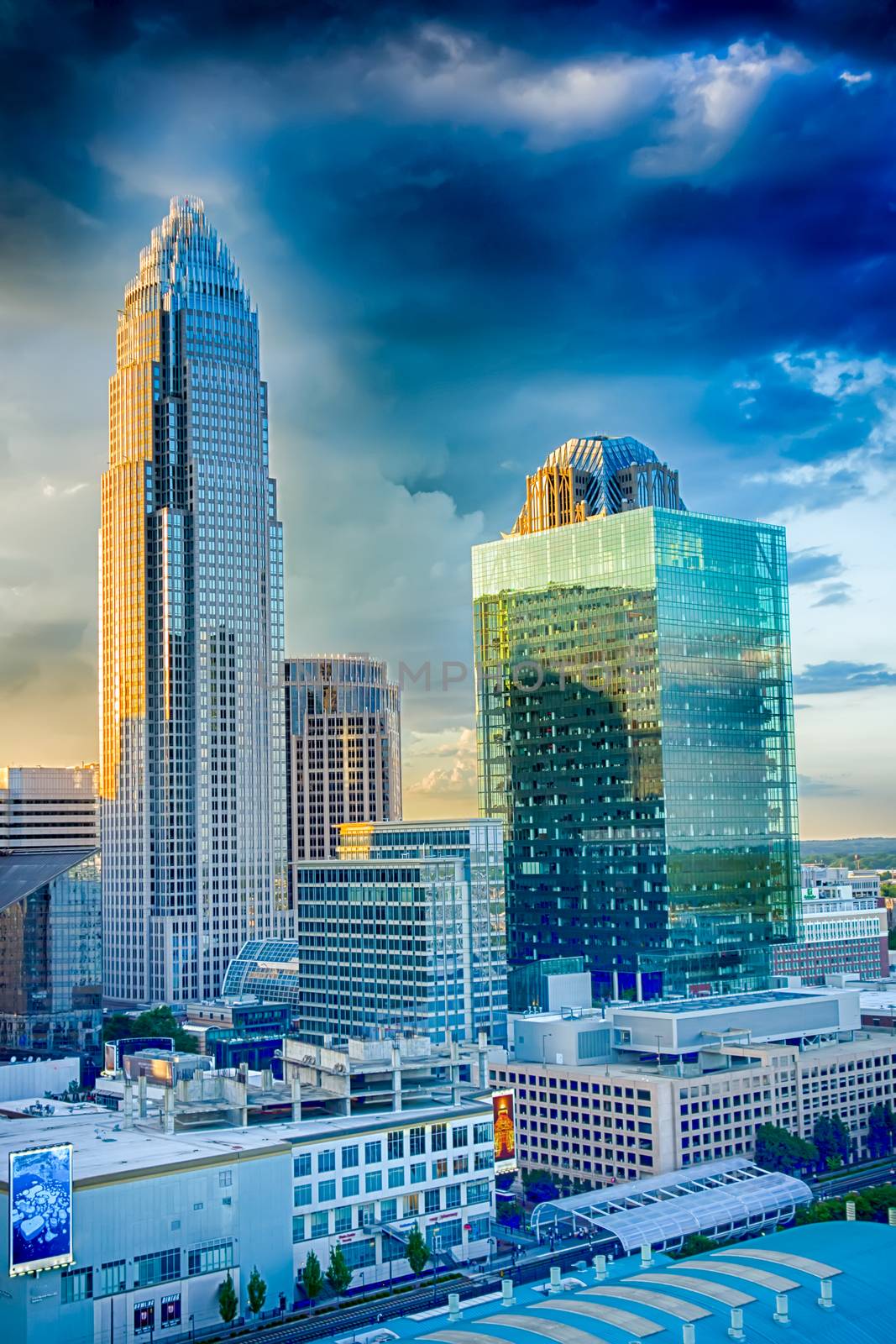 sunset over charlotte city skyline of north carolina