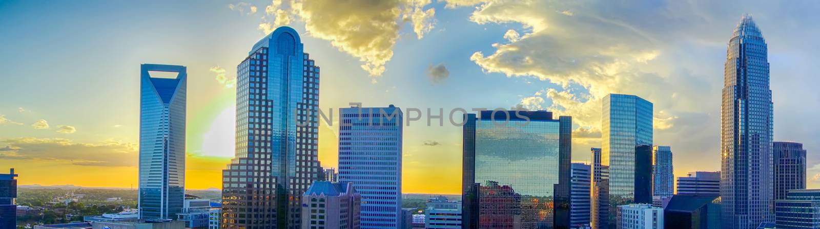 sunset over charlotte city skyline of north carolina