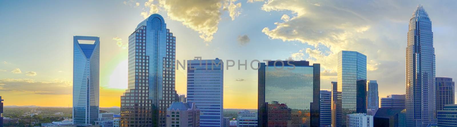 sunset over charlotte city skyline of north carolina