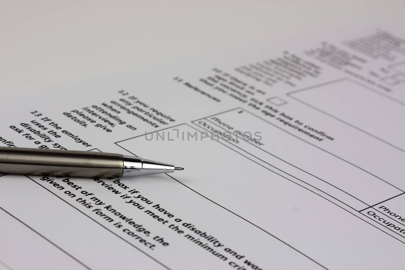 Close up of an application form to be completed