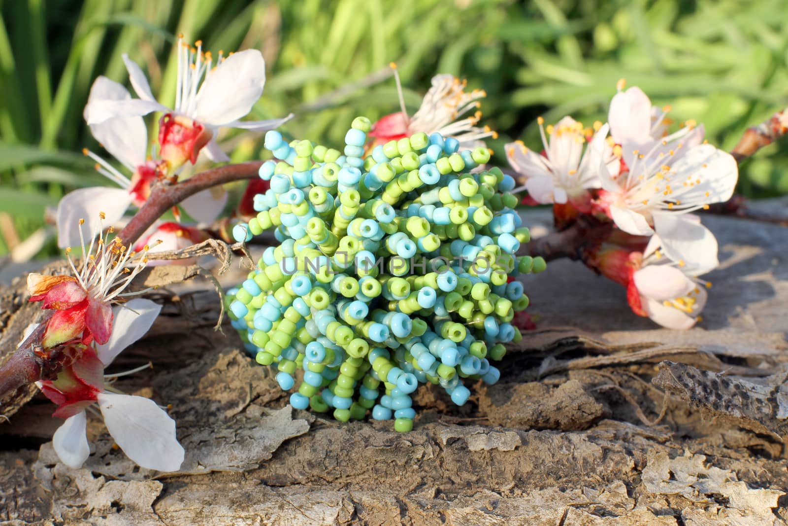 Handmade blue and green glass ring with apricot blossom by Yarvet